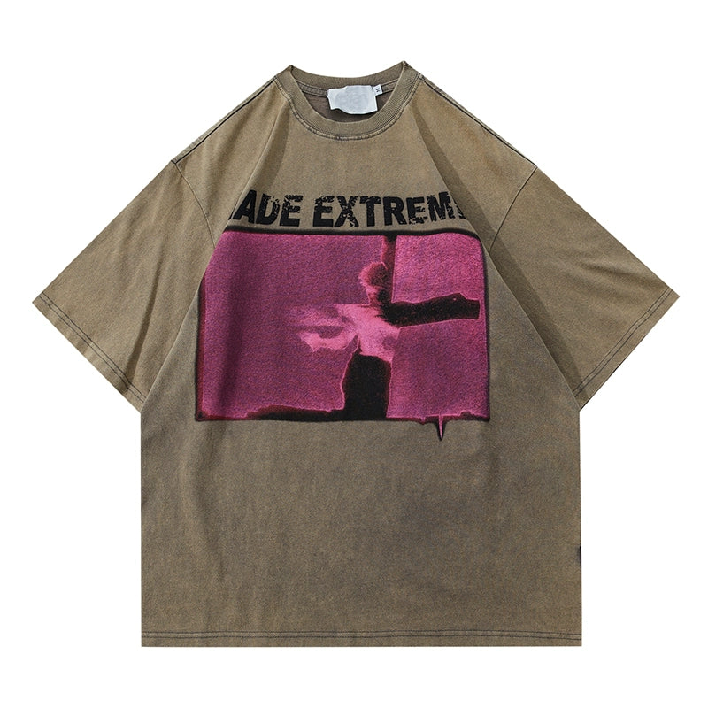 Acid Wash Graphic T-Shirt with Pink Print