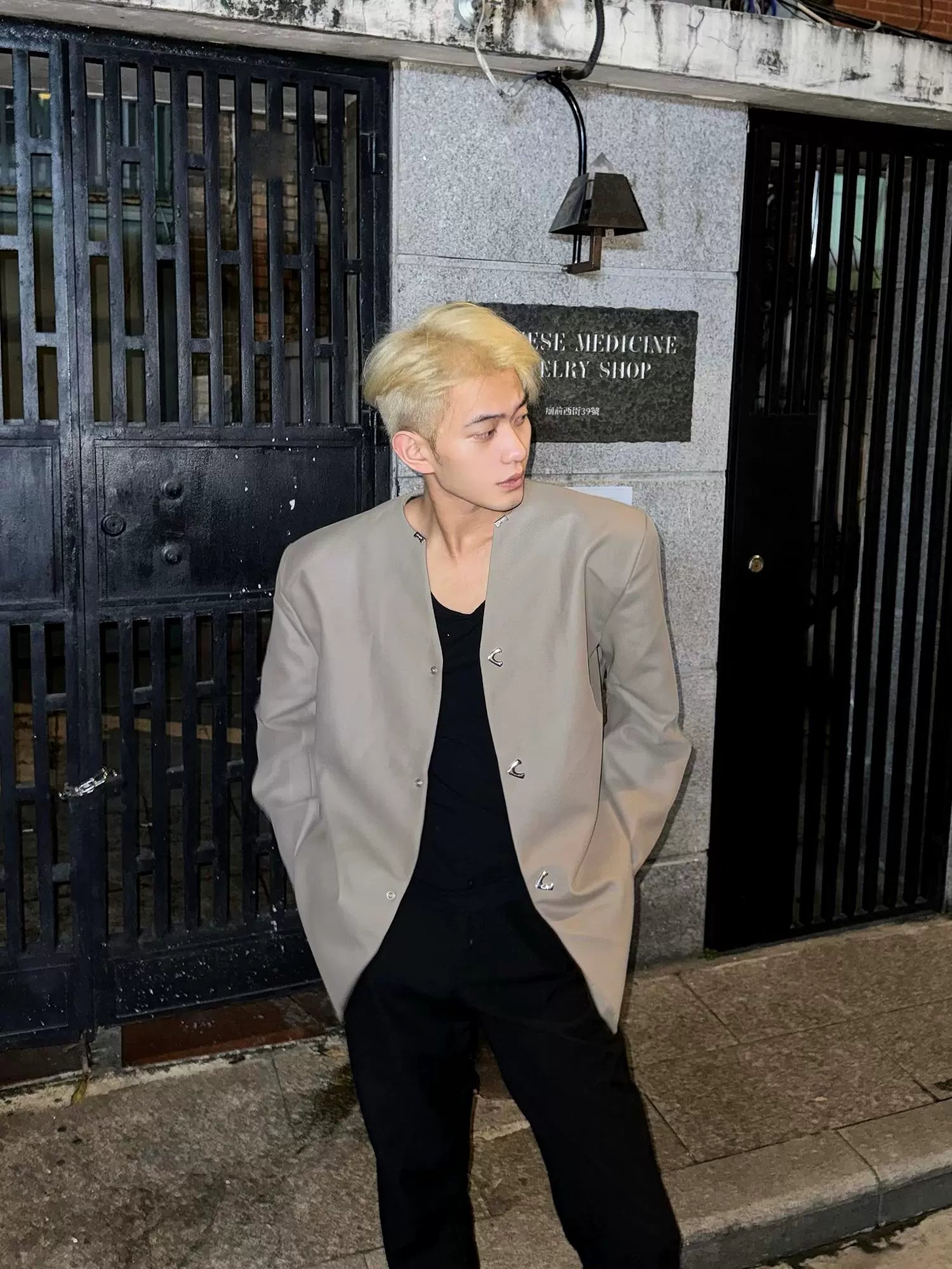 Light Beige Collarless Long Coat with Asymmetric Button Fastening