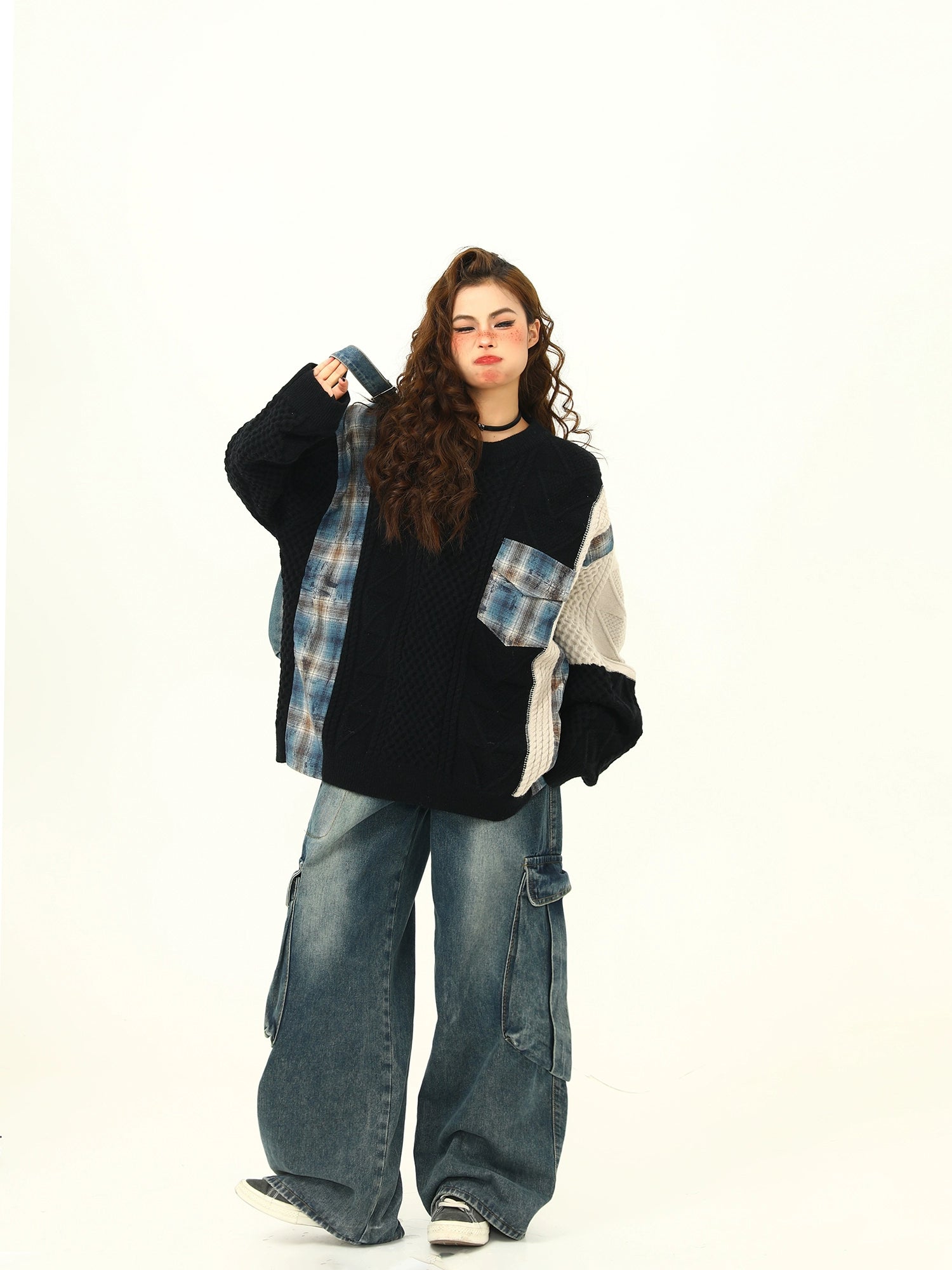 Patchwork Knit and Plaid Sweater