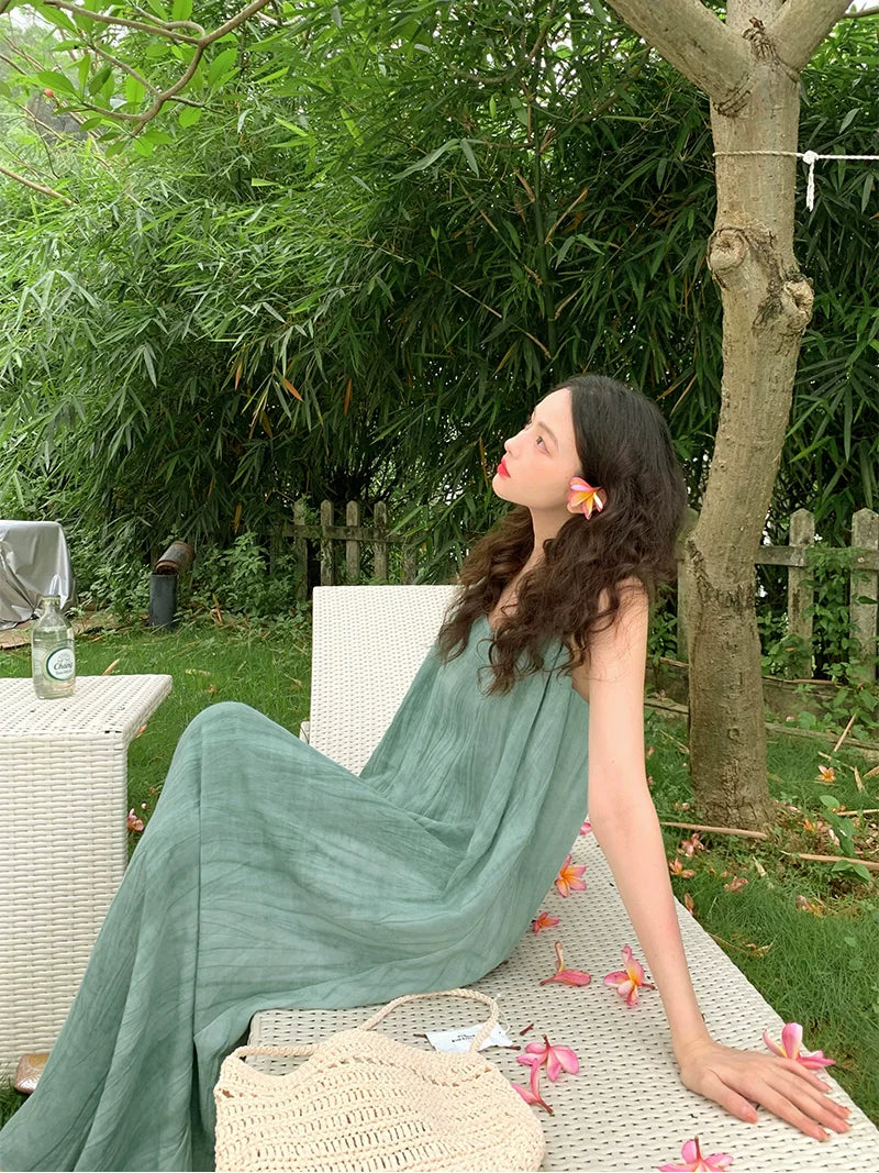 Tencel Linen Flowy Maxi Dress L / Green