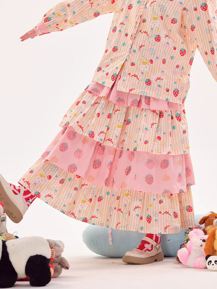 Pink Strawberry Tiered Pleated Midi Skirt