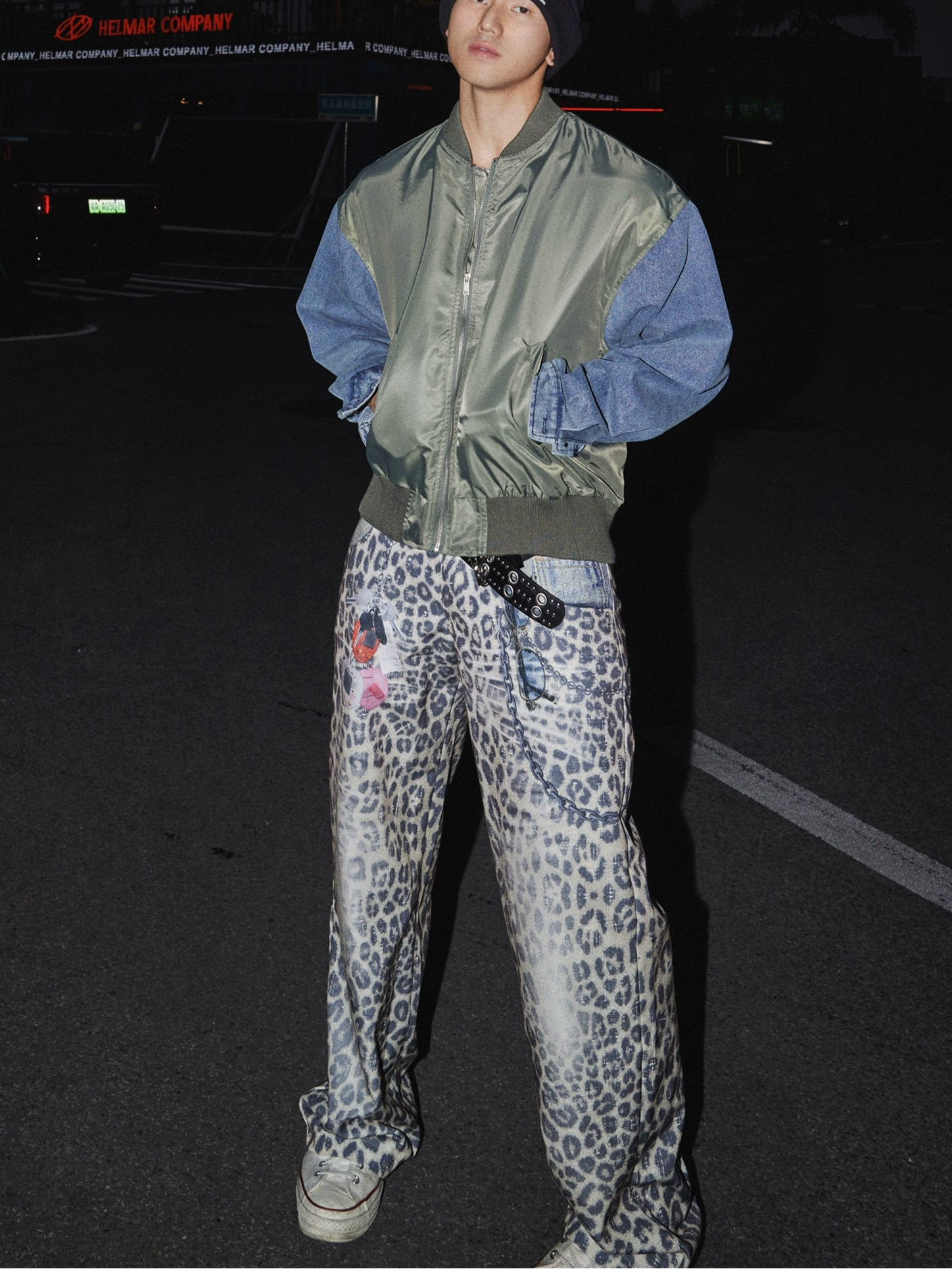 Two-Tone Denim Sleeve Bomber Jacket