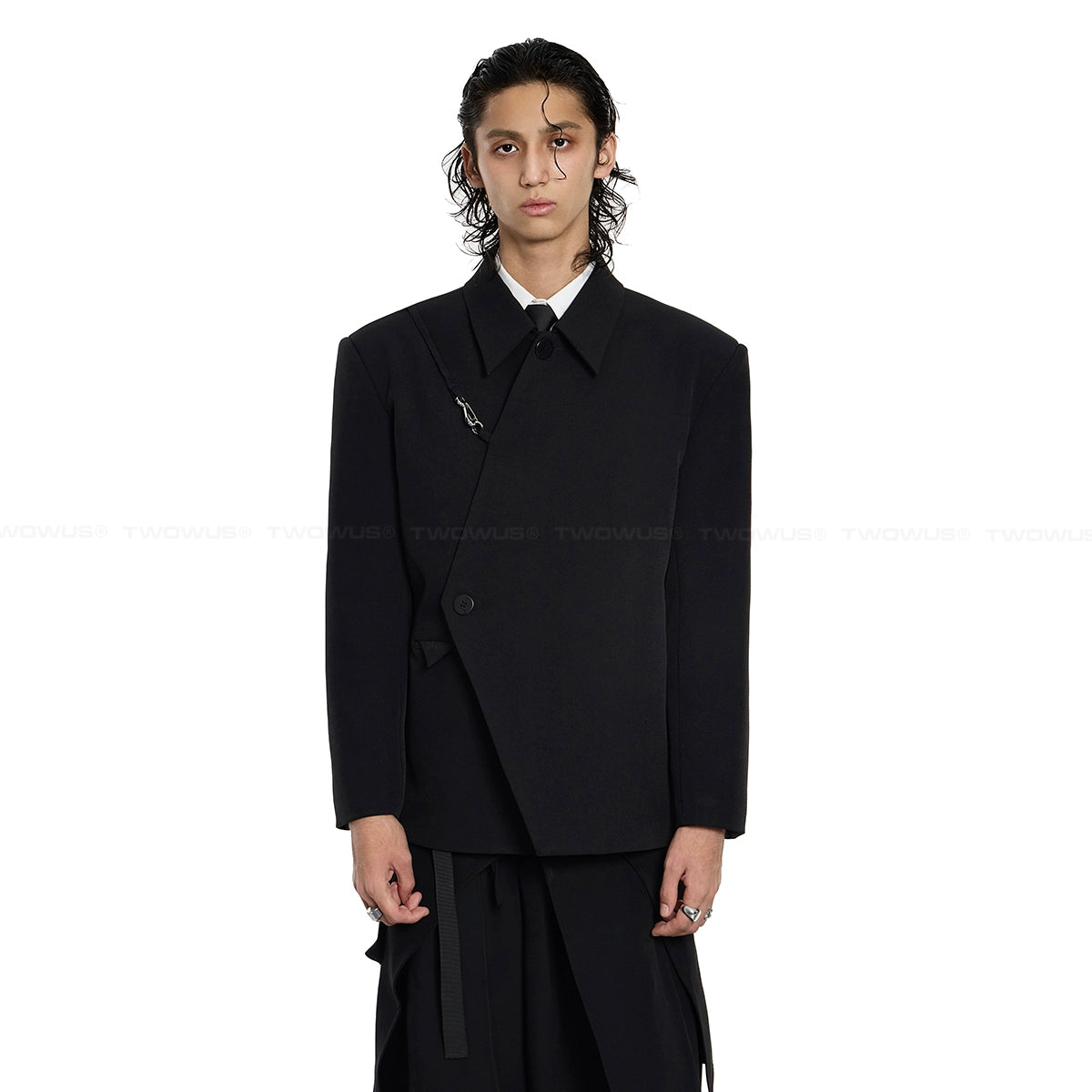 Asymmetrical Black Blazer with Safety Pin Detail