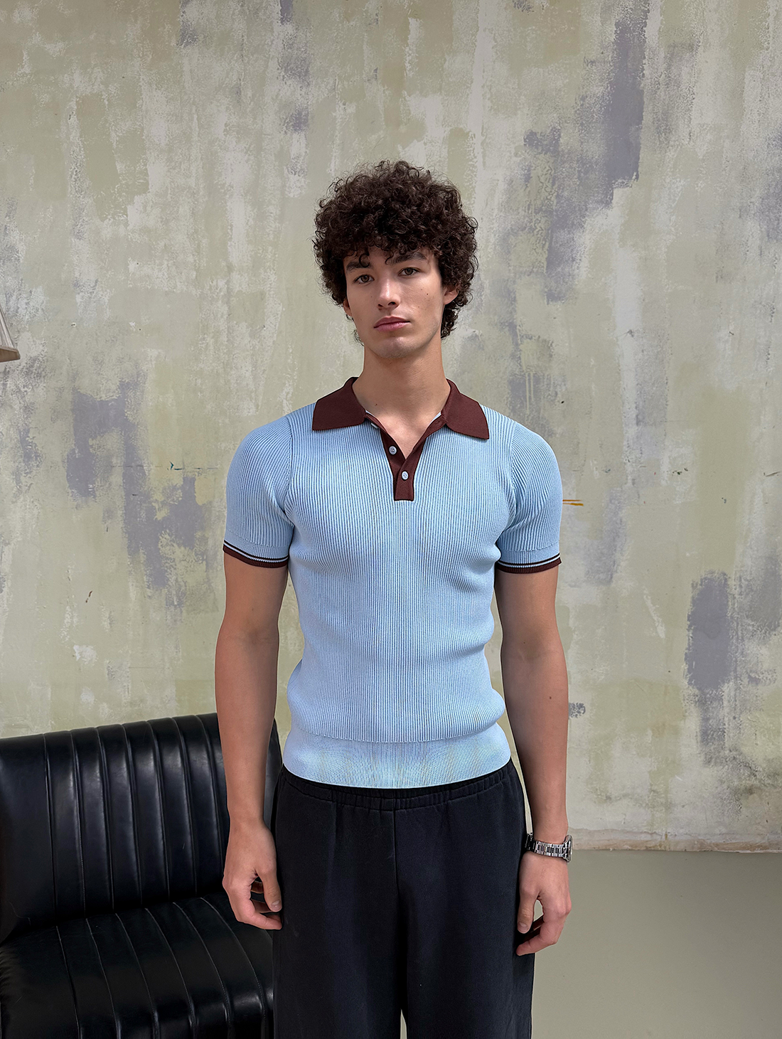 Retro Ribbed Polo Knit Light Blue