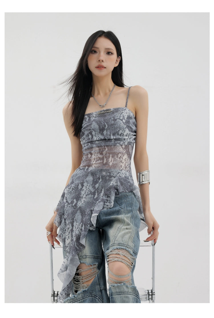 Black Asymmetric Ribbon Strap Tank Top With Ruffle Edge Design - chiclara