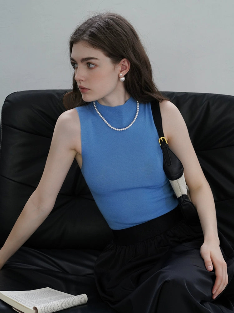 French Semi-High Neck Wool Knit Seamless Blue Tank Top - chiclara