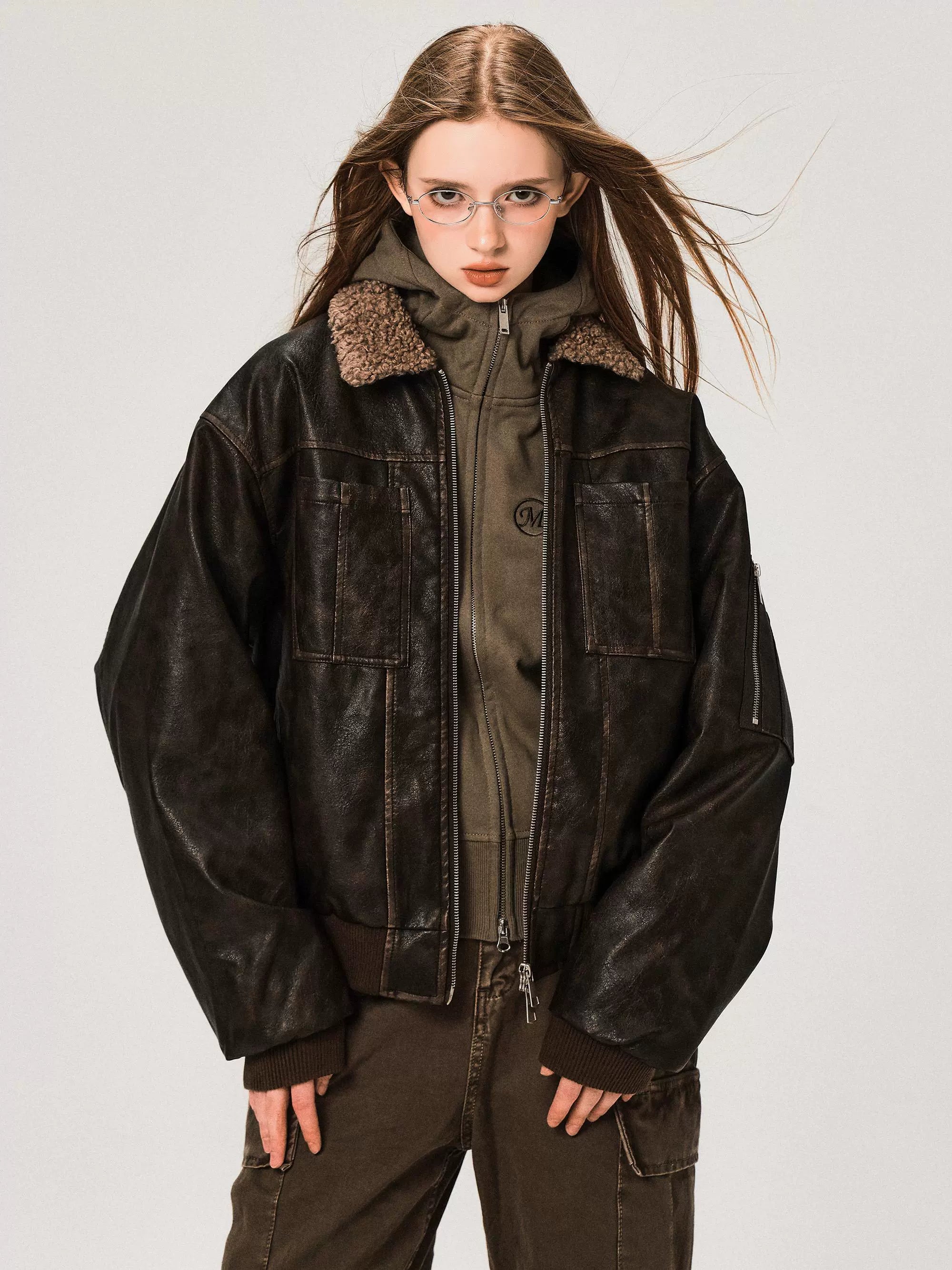 Veste en cuir PU avec col en laine d'agneau