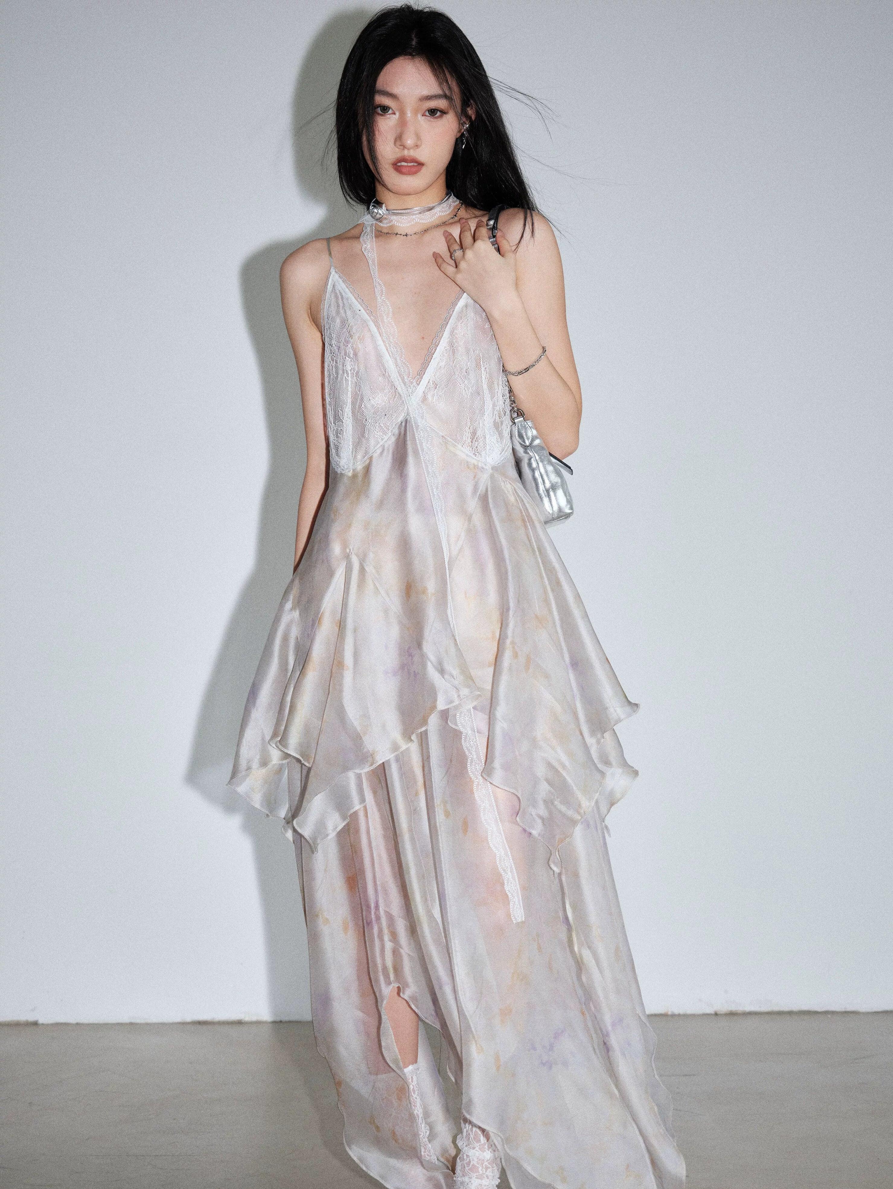 Jnylon Studio Ethereal Fairy Slip Robe - Femme en mousseline de mousseline en ivoire pour femmes avec mouchoir Hem