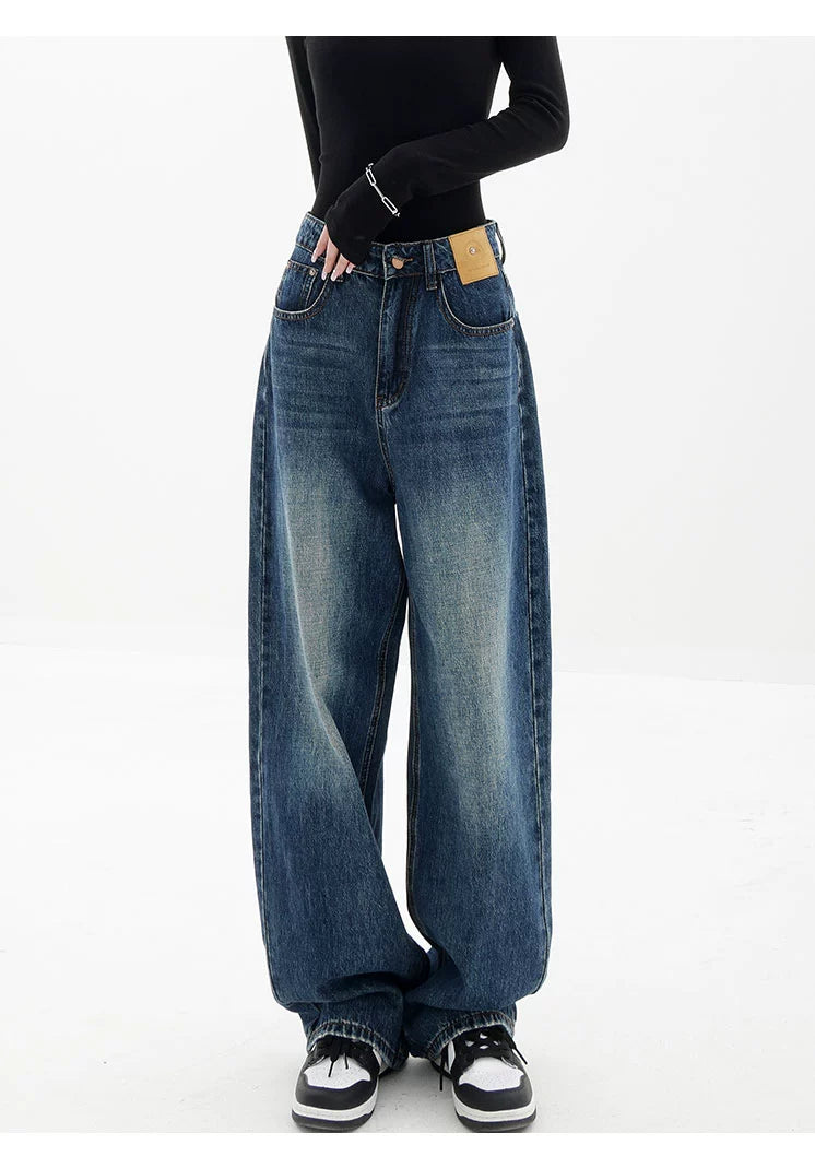 Blue Retro Loose Straight-Leg High-Waist Floor-Length Jeans - chiclara