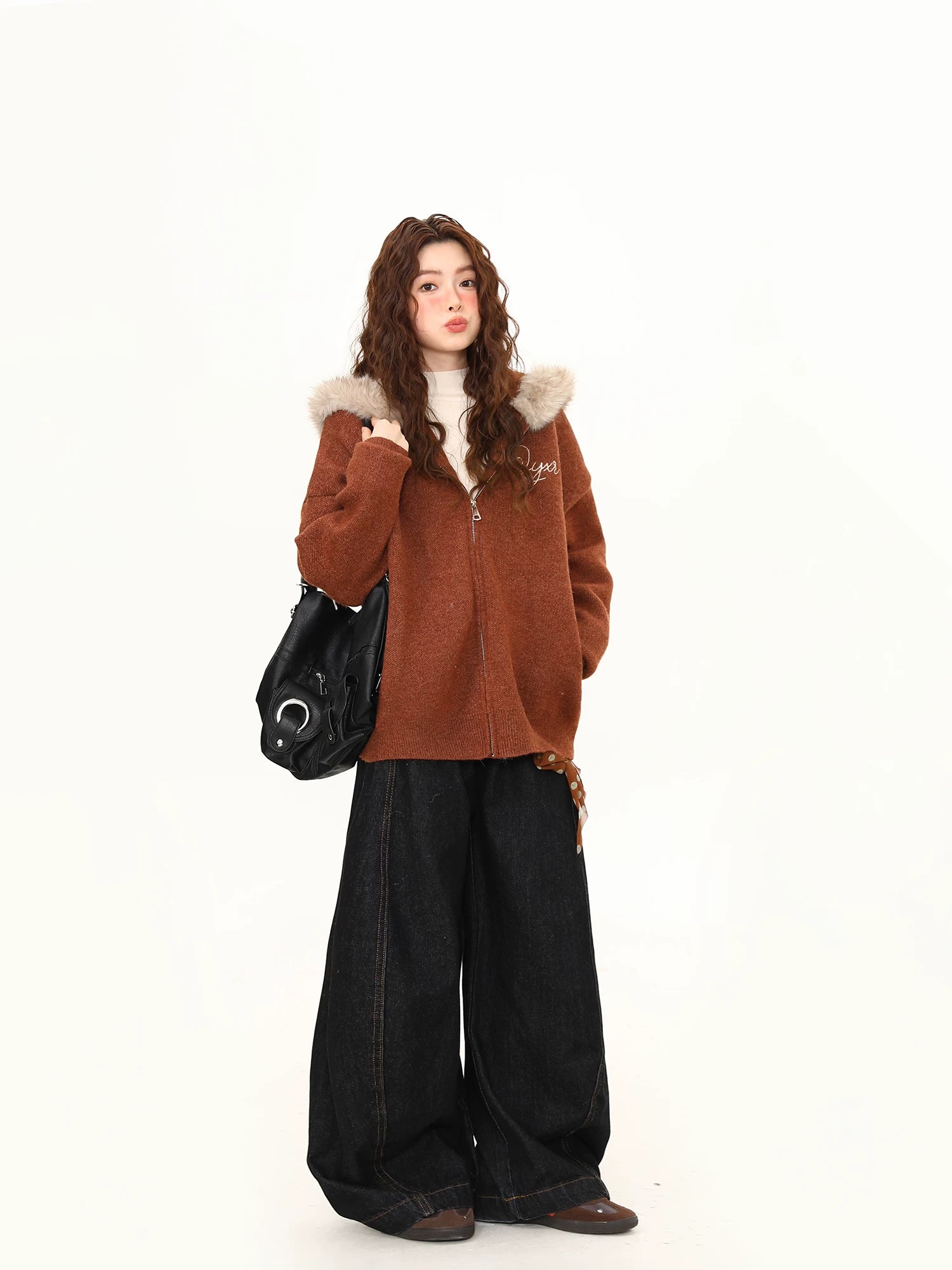 Chestnut Fluff Trim Zip Hoodie Jacket