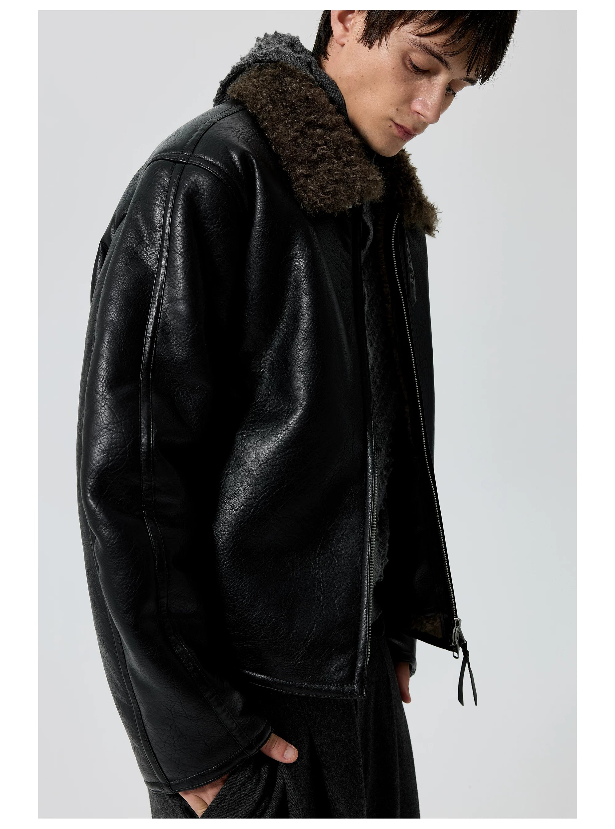 Oversized Faux Leather Jacket with Shearling Collar