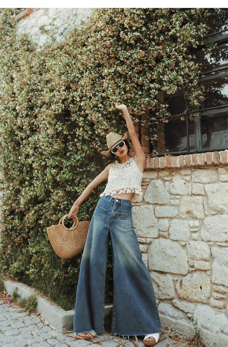 Vintage Distressed Edge Wide Leg Denim Jeans
