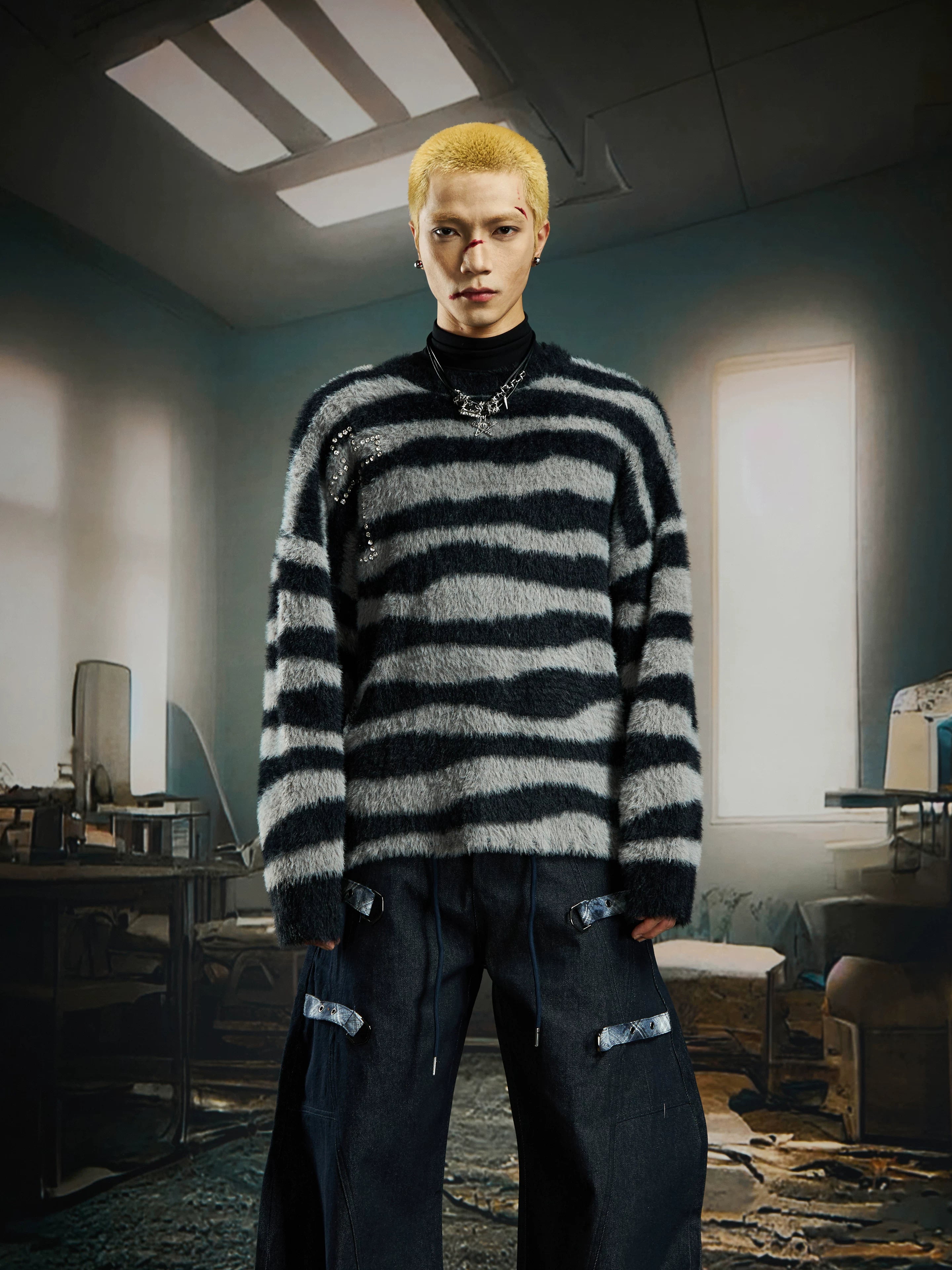 Crucifix Zephyr Striped Fuzz Sweater