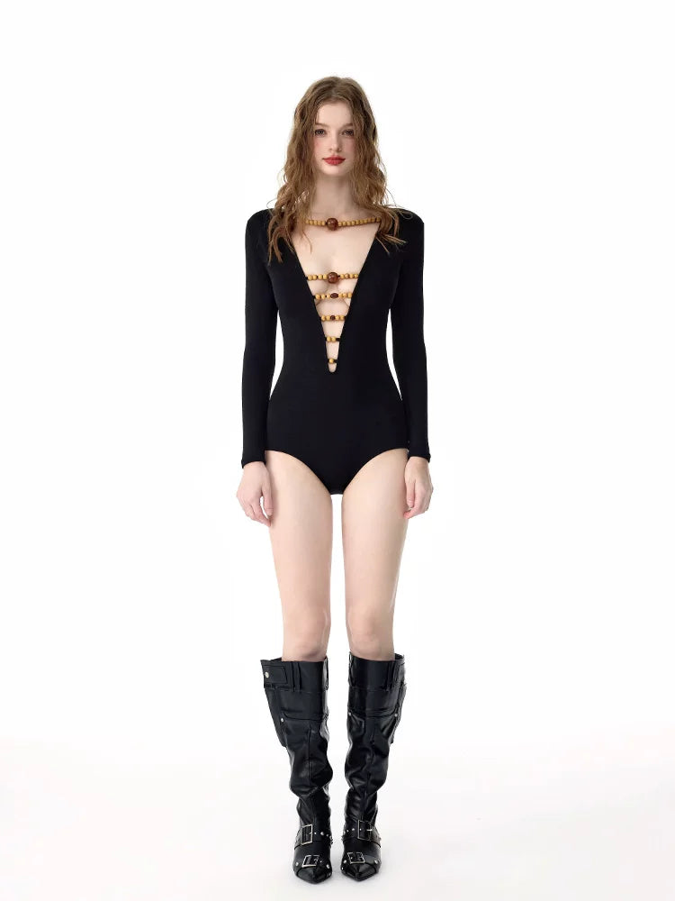 Noir Talisman Beaded Plunge One‑Piece