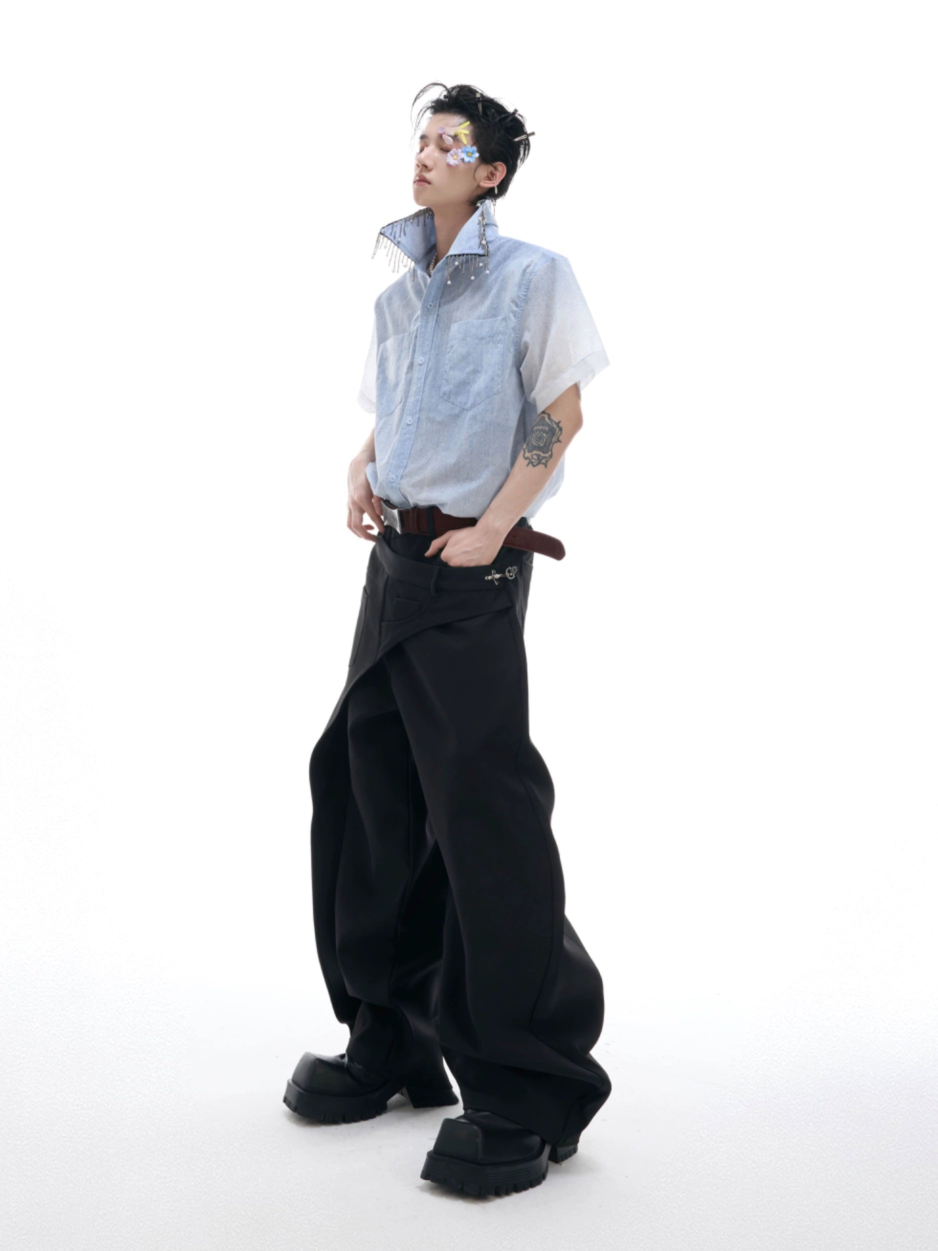 Denim Patchwork Short Sleeve Work Shirt
