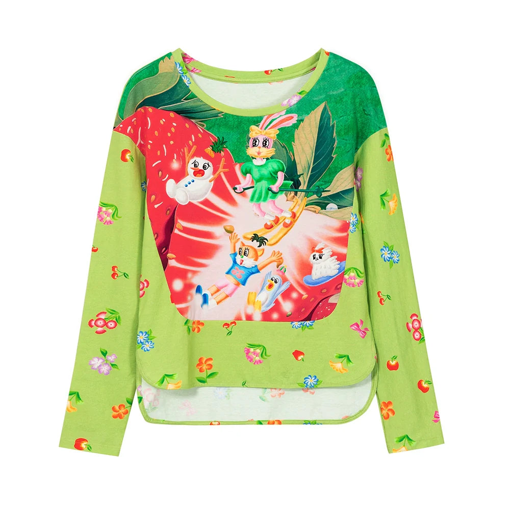 Green Strawberry Print Long Sleeve Top