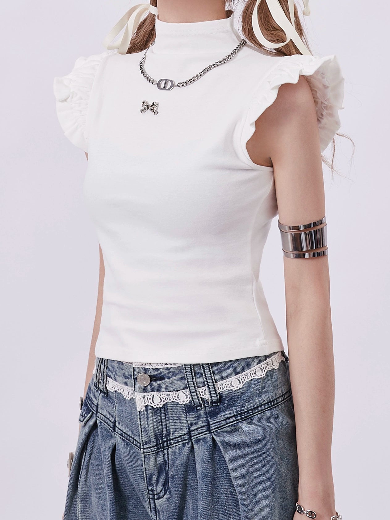 Ruffle Sleeve Top with Bow Pin Detail