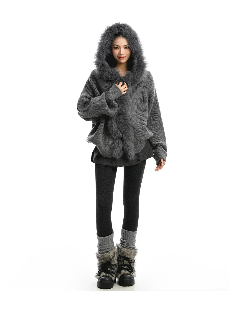 Shadow Luxe Fur-Trim Hooded Knit Cardigan