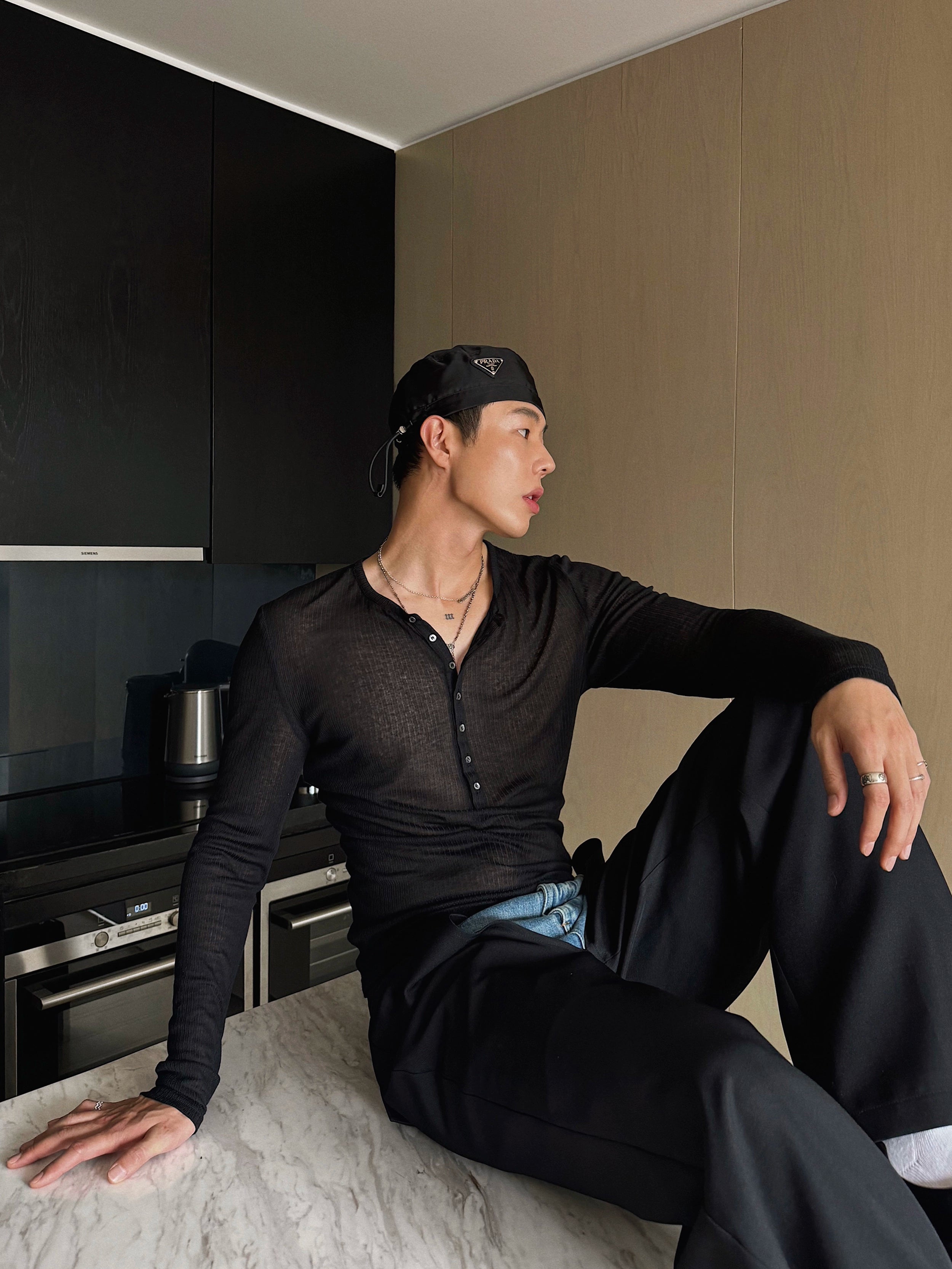 Black Henley Long Sleeve Knit Top