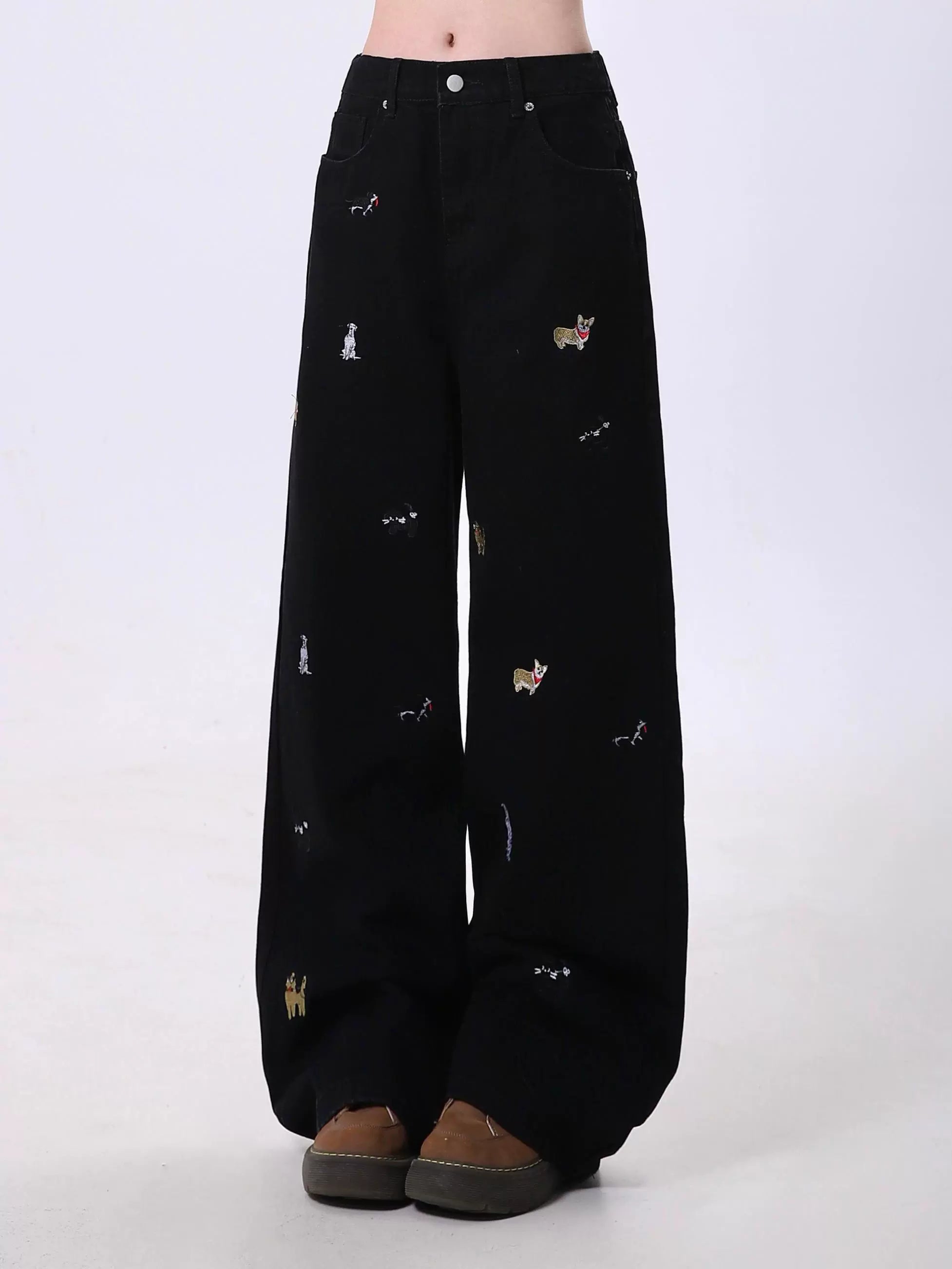 Wide Leg Pants with Dog Pattern Embroidery
