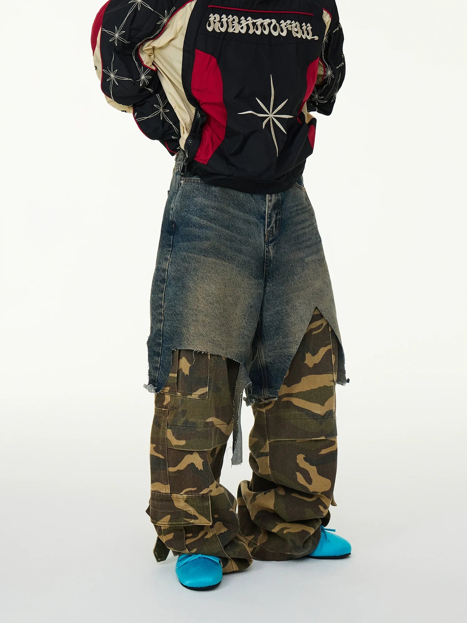 Layered Denim & Camo Patchwork Pants