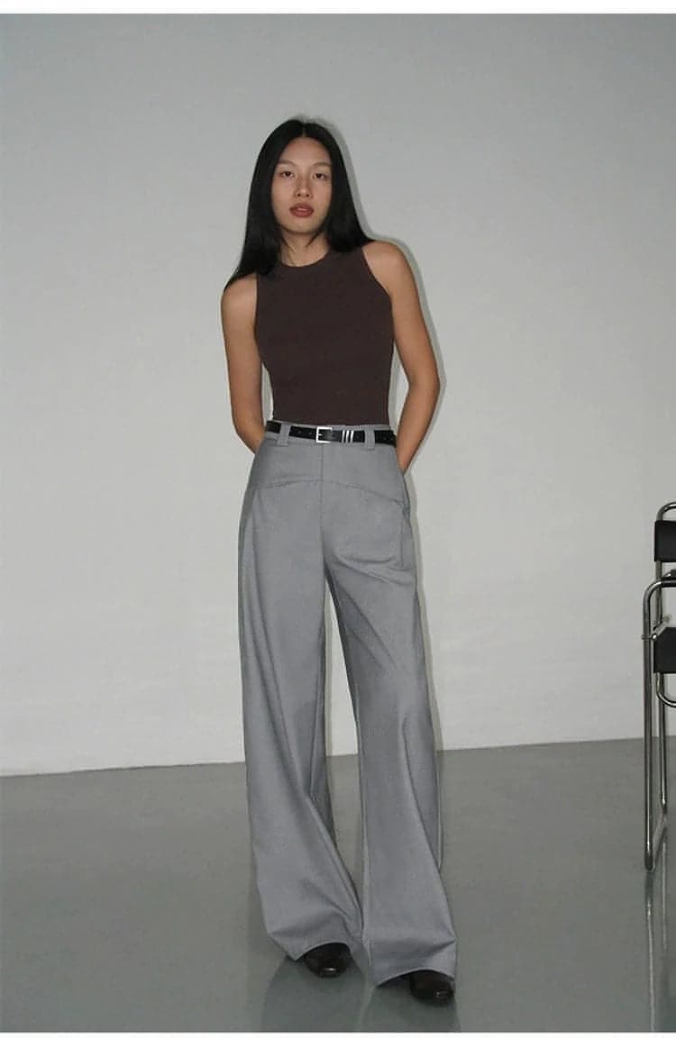 Black High-Waist Straight-Leg Suit Trousers - chiclara