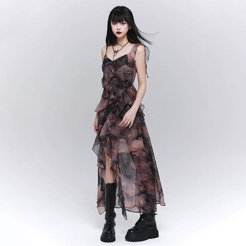 Ladyghost Dark Glamour Asymetrical Maxi Robe - Robe volante à imprimé floral pour femmes avec fente haute