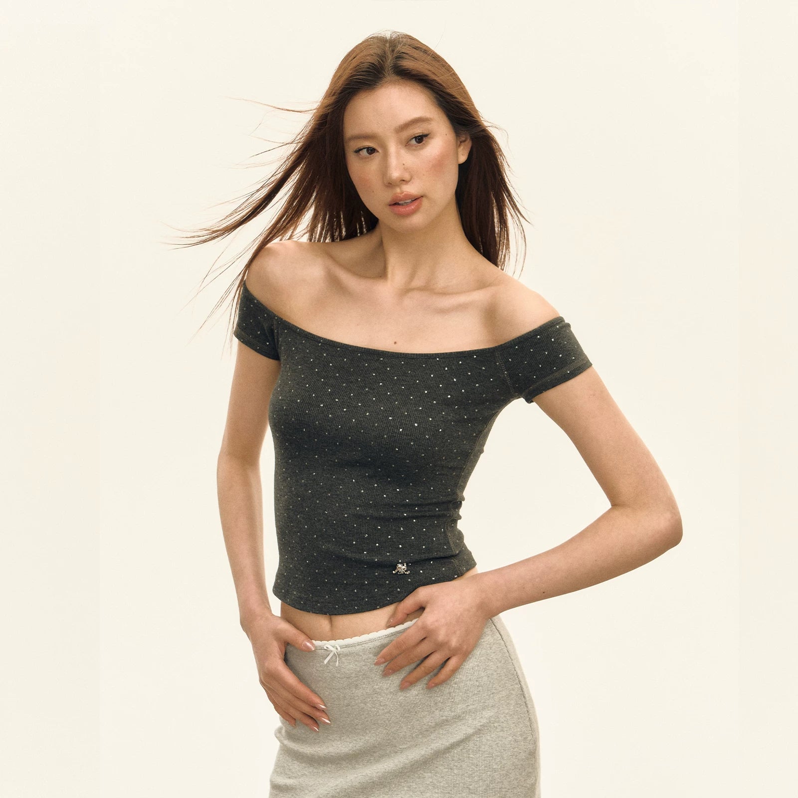 Crystal Embellished Off Shoulder Ribbed Top