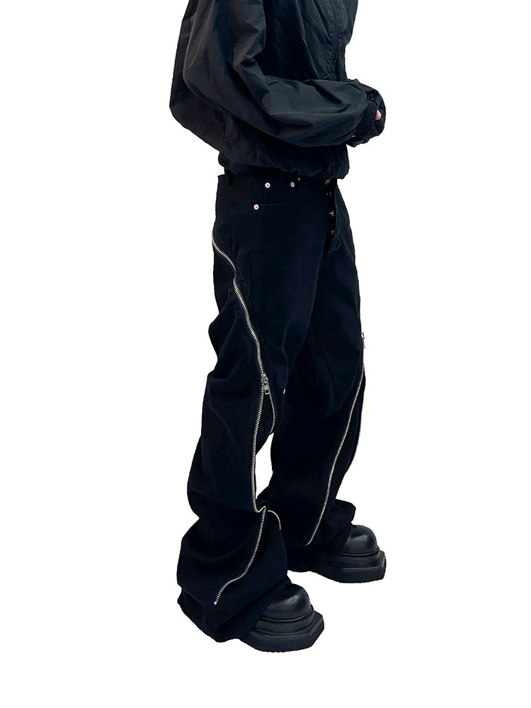 Black Wide-Leg Jeans with Exposed Curved Zippers