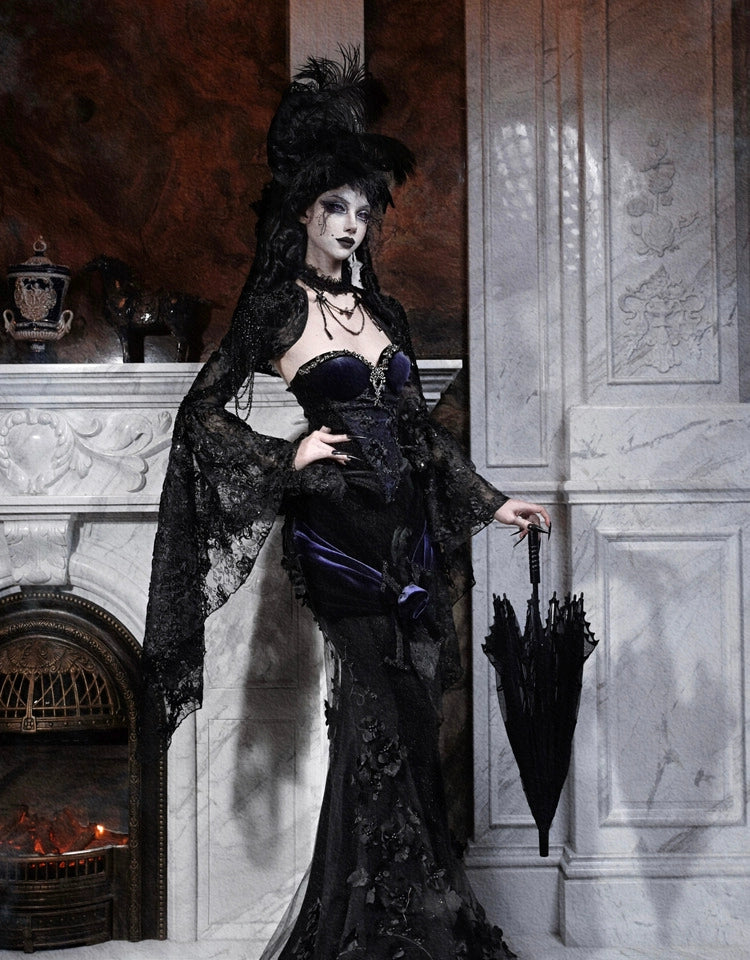 Gothic Black Velvet and Sheer Floral Mermaid Skirt