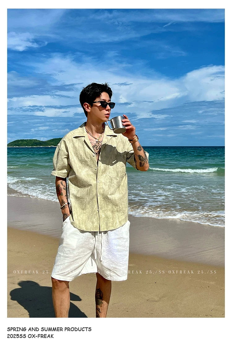 Seersucker Cuban Collar Short-Sleeve Shirt