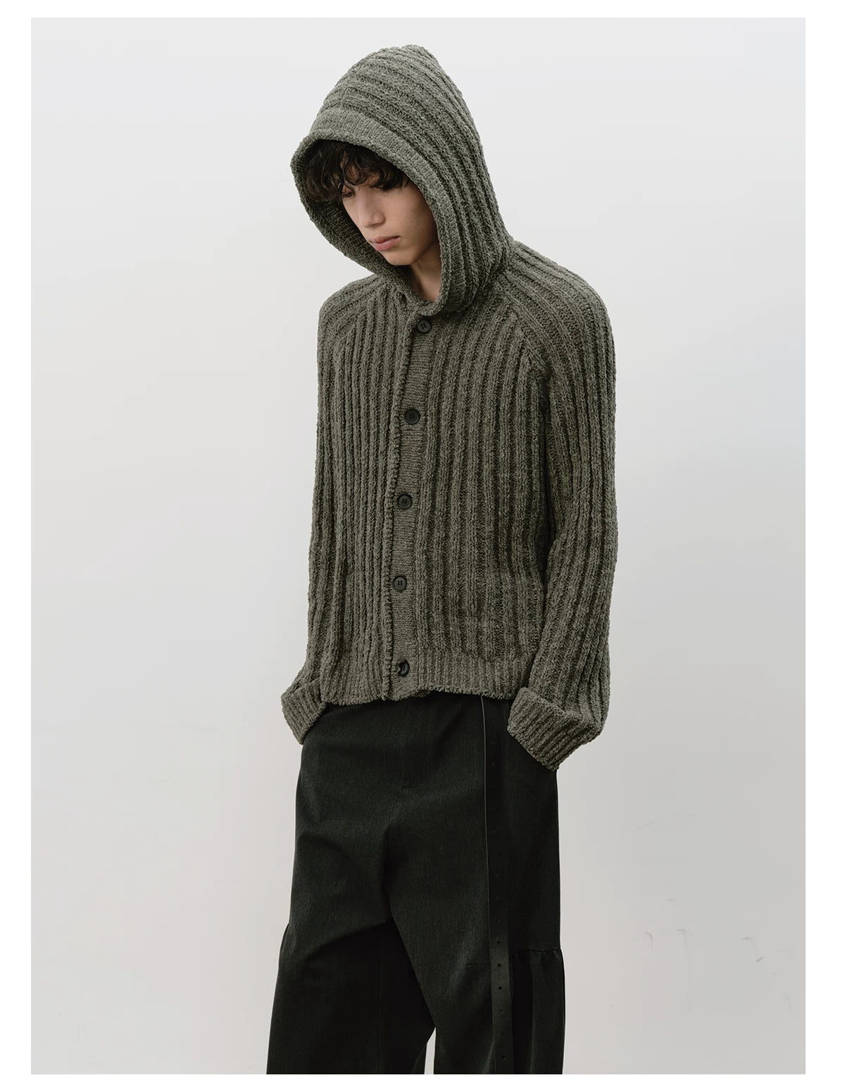 Ribbed Button-Up Knit Hoodie Cardigan