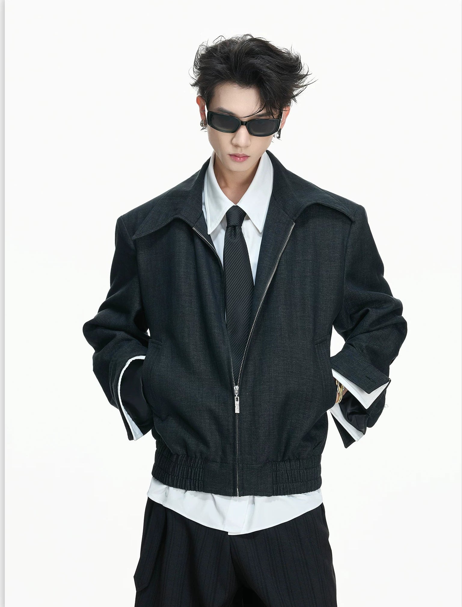 False-Layer Collar Zip Blouson