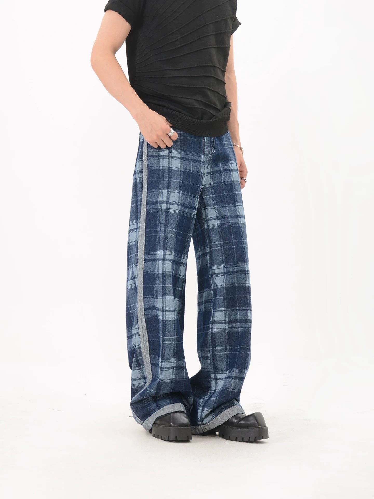Blue Contrast Trim Plaid Wide Leg Pants