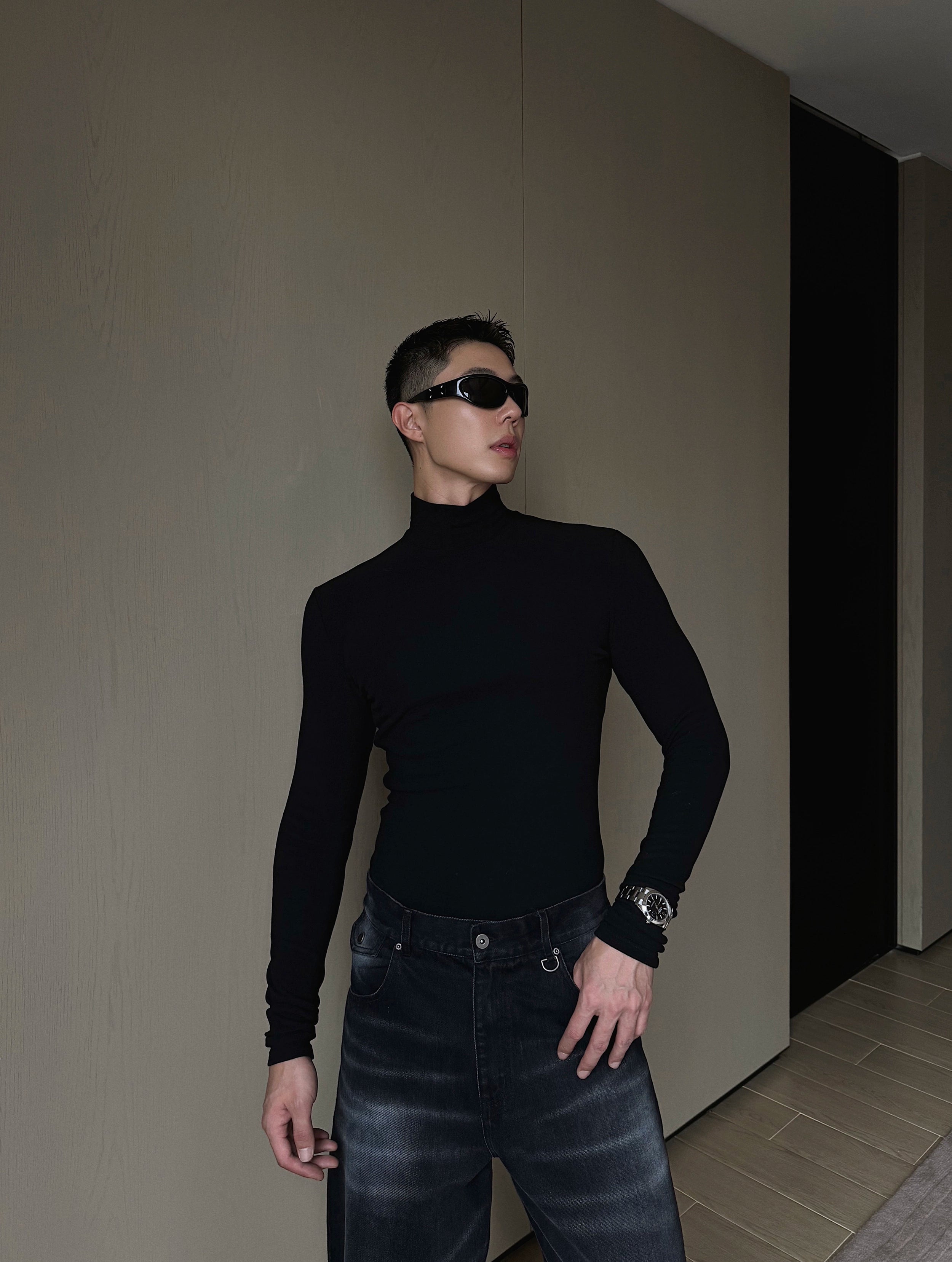 Black Mock Neck Long Sleeve Fitted Top