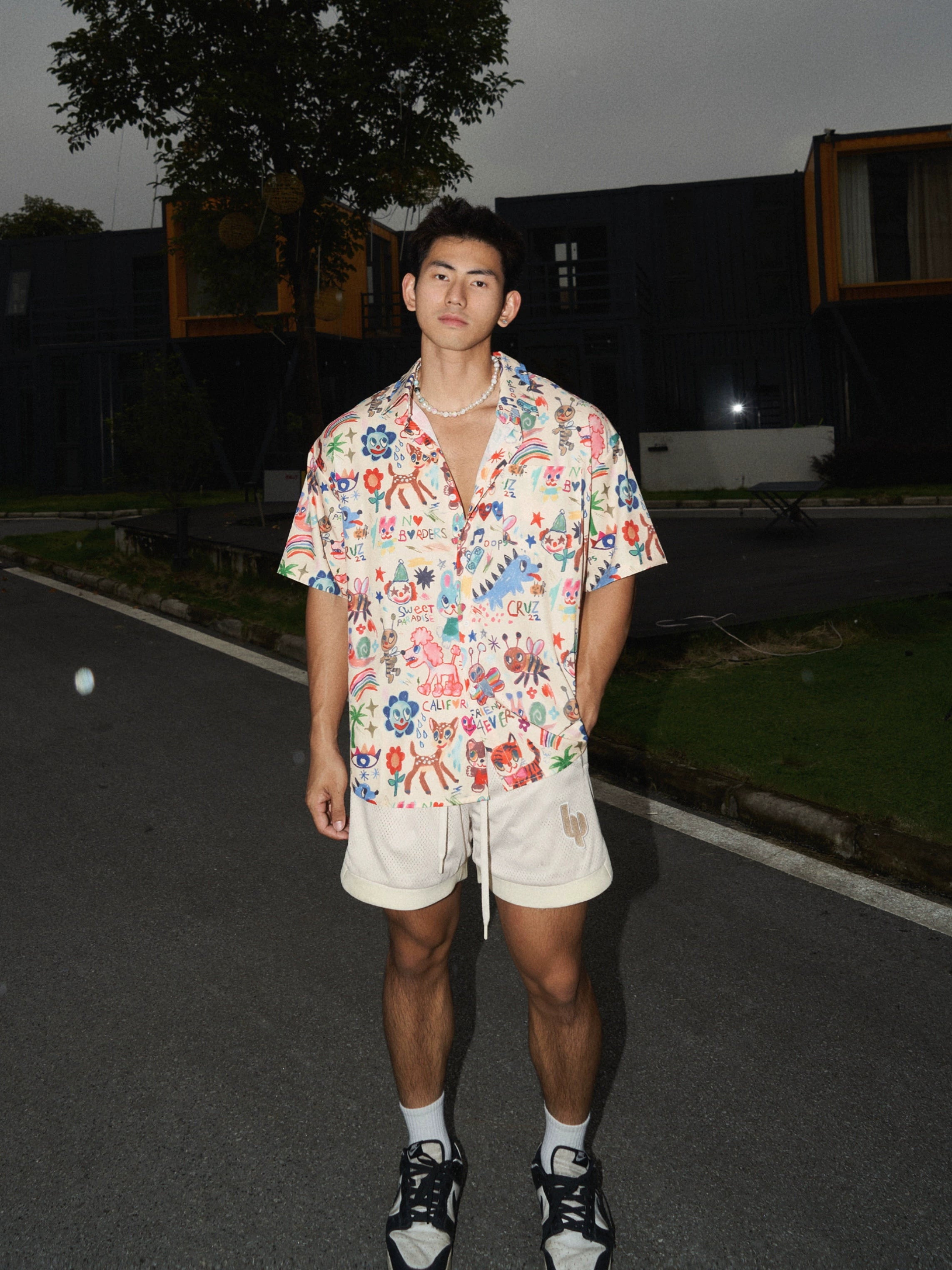 Cartoon Print Short-Sleeve Button-Up Shirt