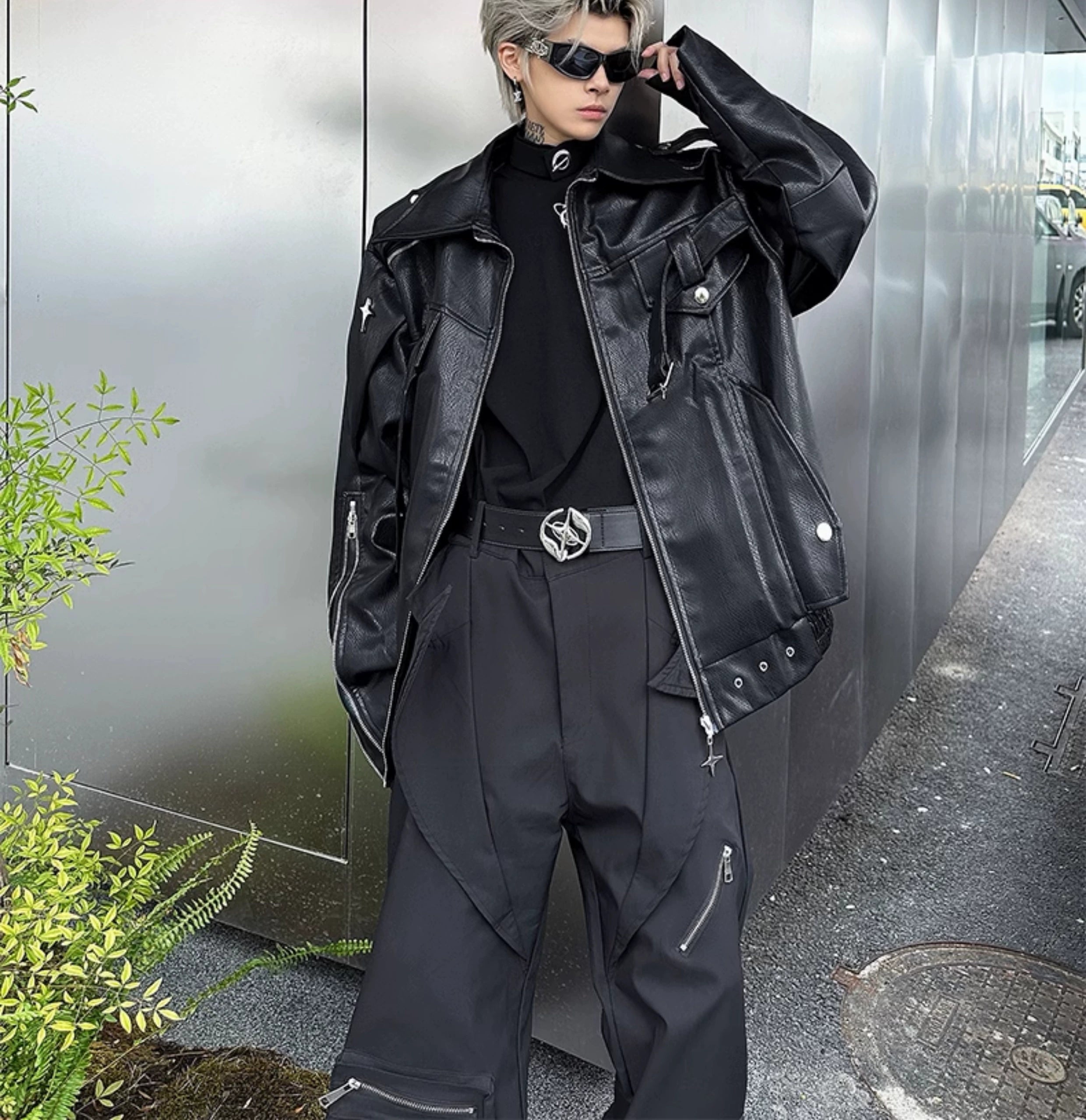 Oversized Star Patch Leather Jacket