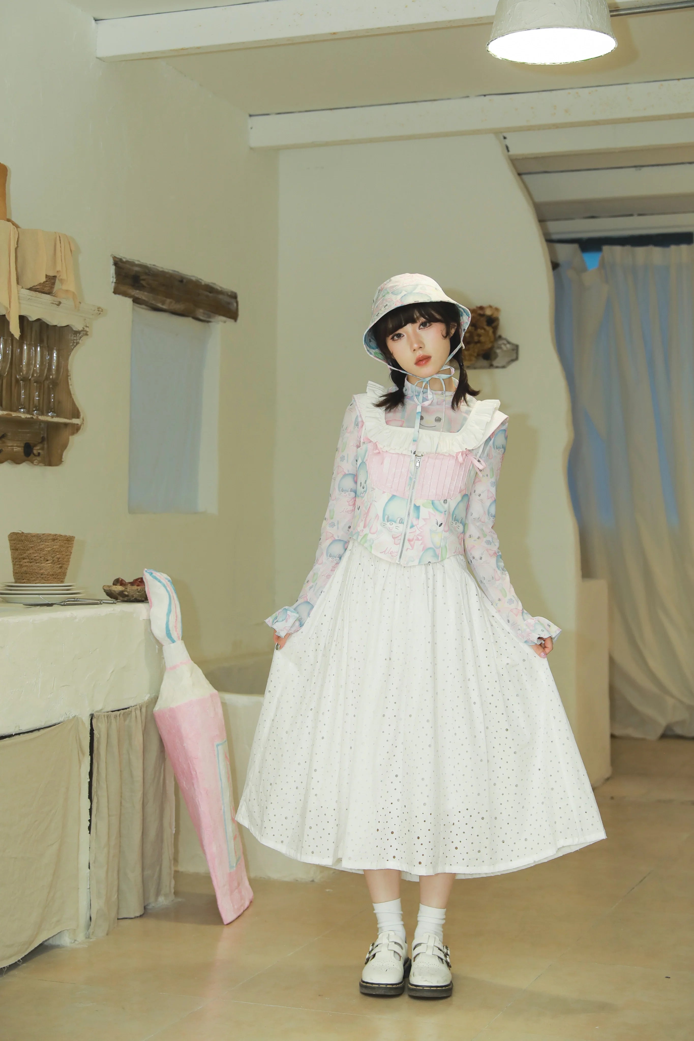 Sweet Bunny Print Bow Strap Corset