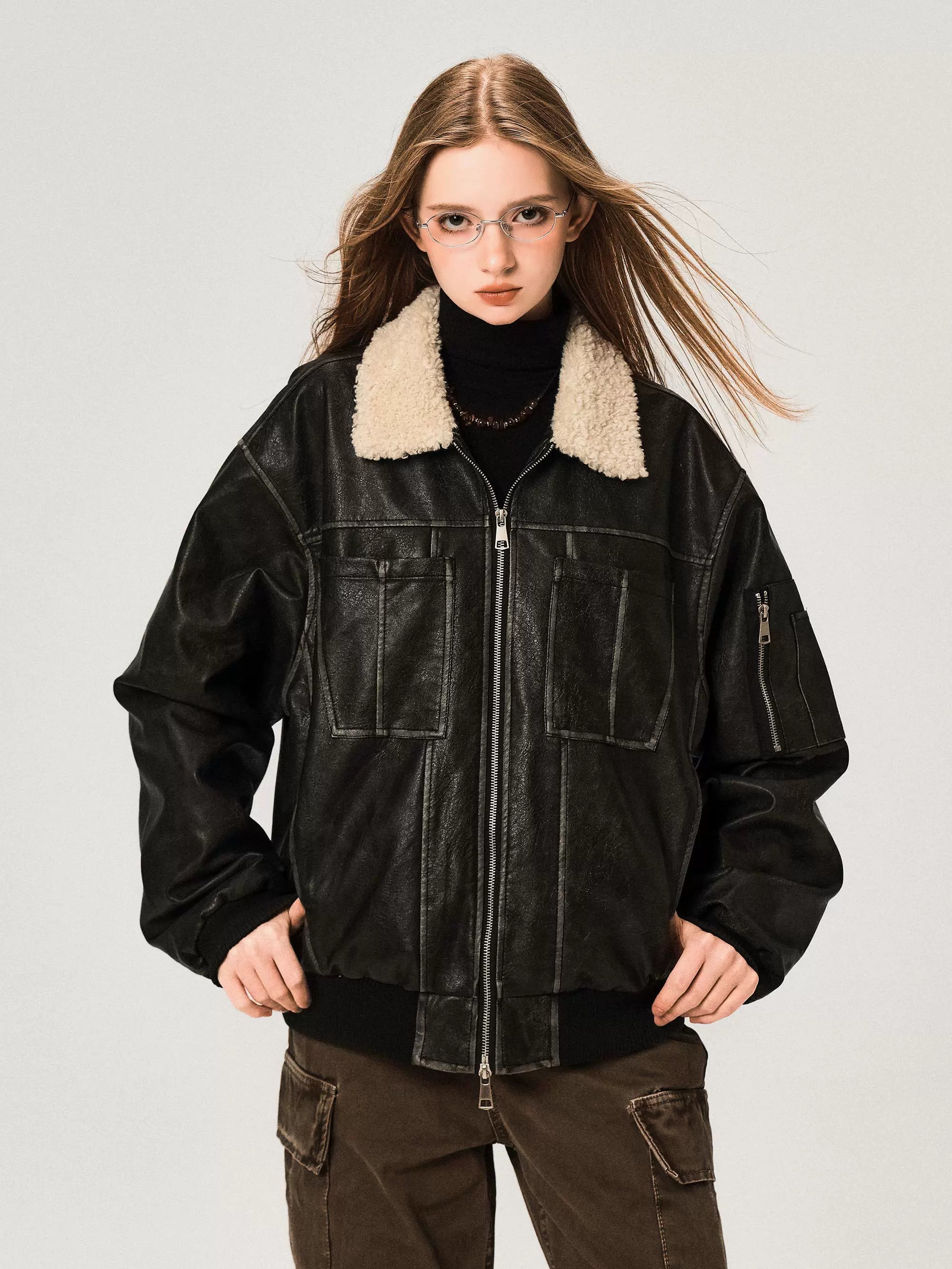 Veste en cuir PU avec col en laine d'agneau