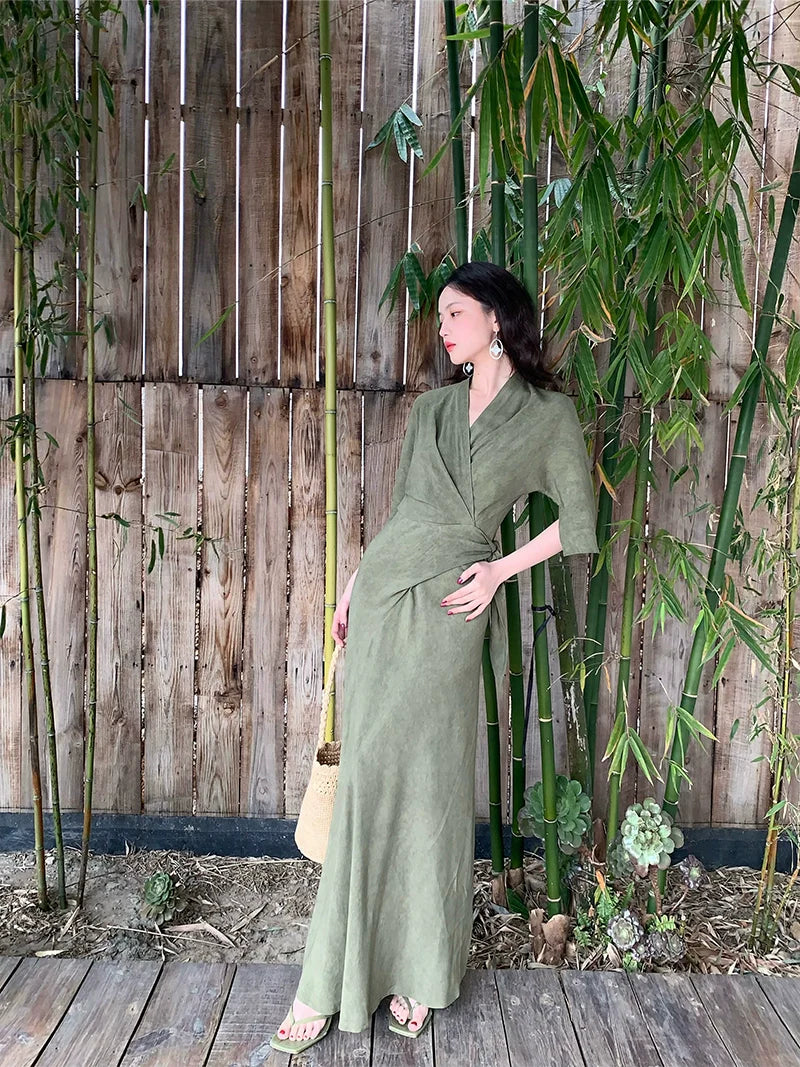 Wrap Maxi Dress with 3/4 Sleeves