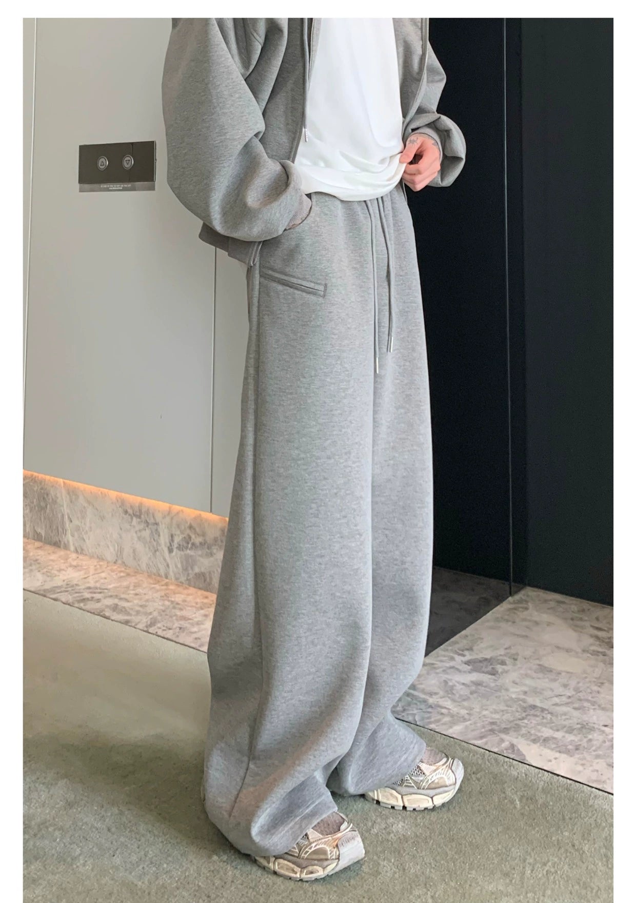 Shoulder-Padded Hoodie Jacket with Straight-Leg Pants Two-Piece Set