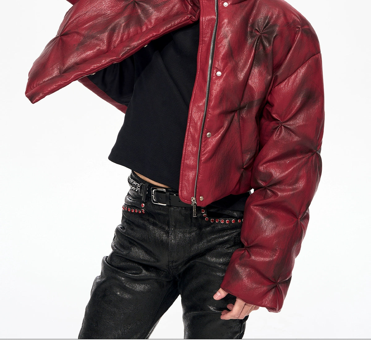 Crimson Storm Oversized Leather Puffer Jacket