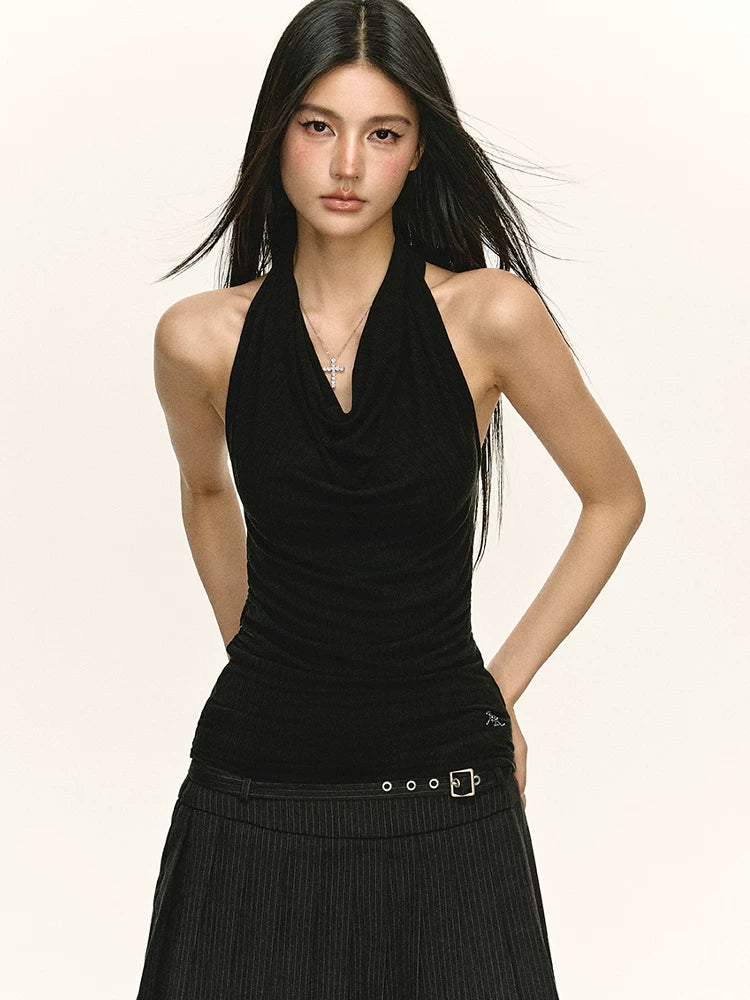 Retro Slim-fit Draped Cowl Neck Halter Top