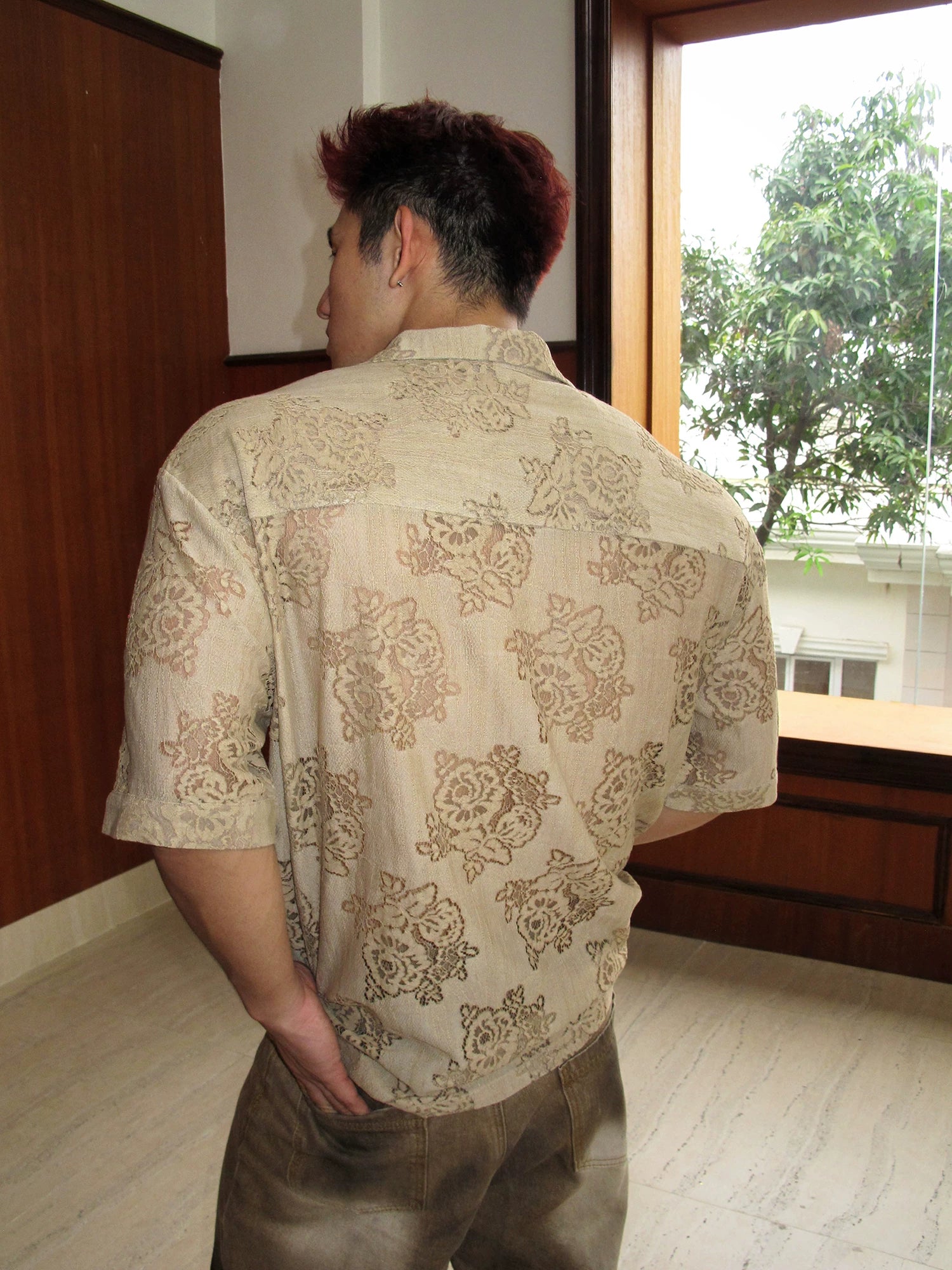 Sand Lace Floral Sheer Short-Sleeve Shirt