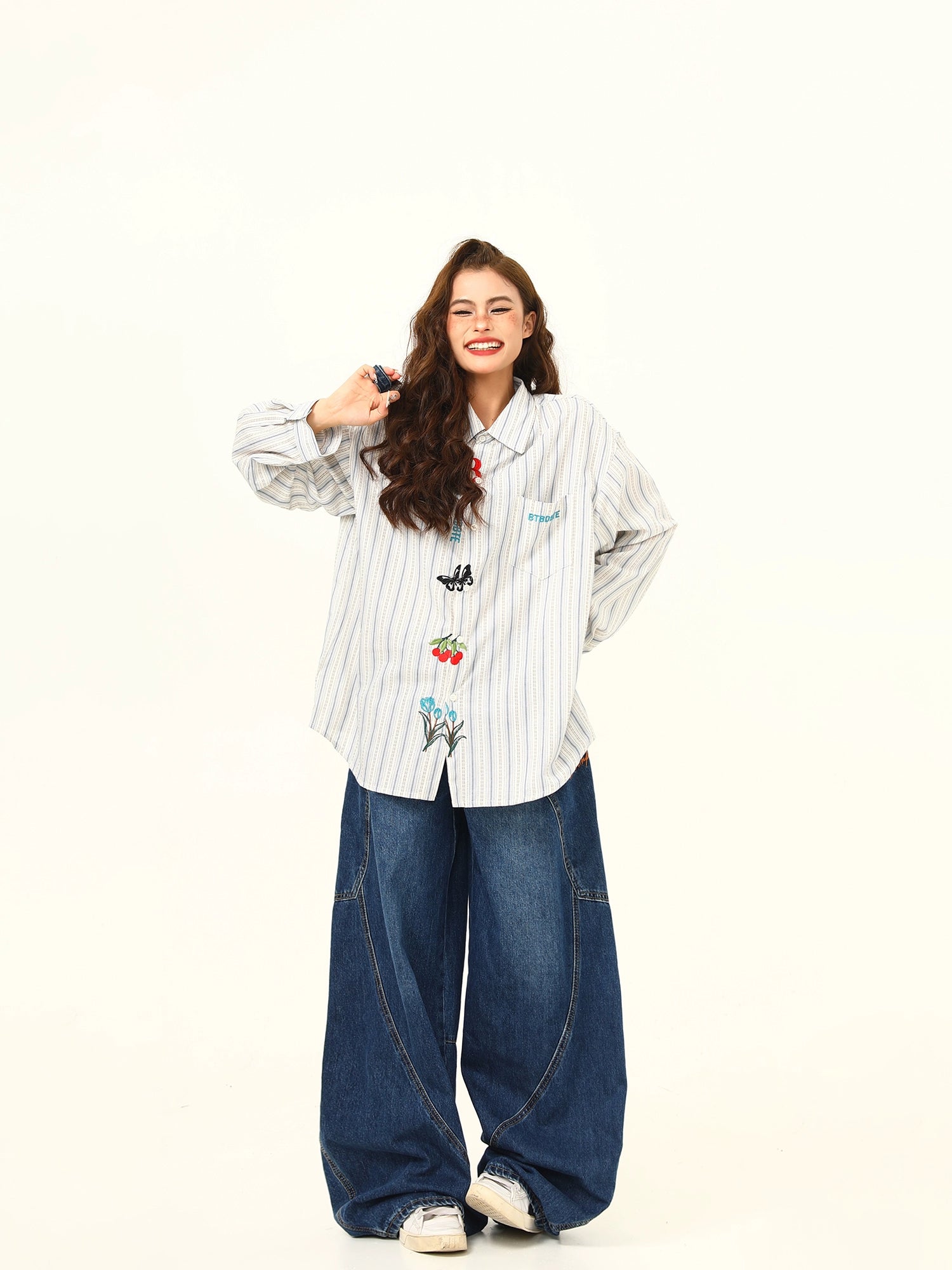 Embroidered Character Oversized Striped Shirt