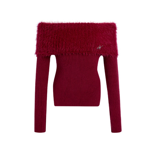 Thick Off-Shoulder Mink Cashmere Knit Sweater - chiclara