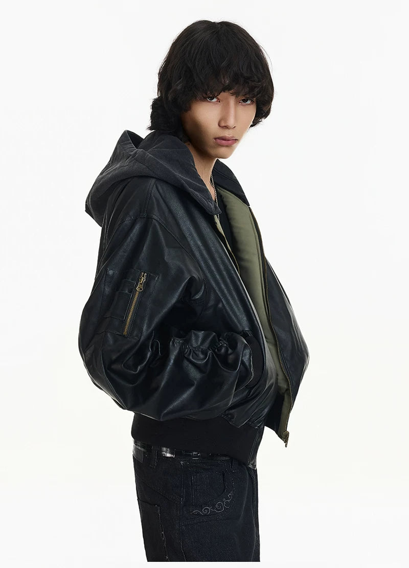 Shadow Hooded Leather Bomber Jacket