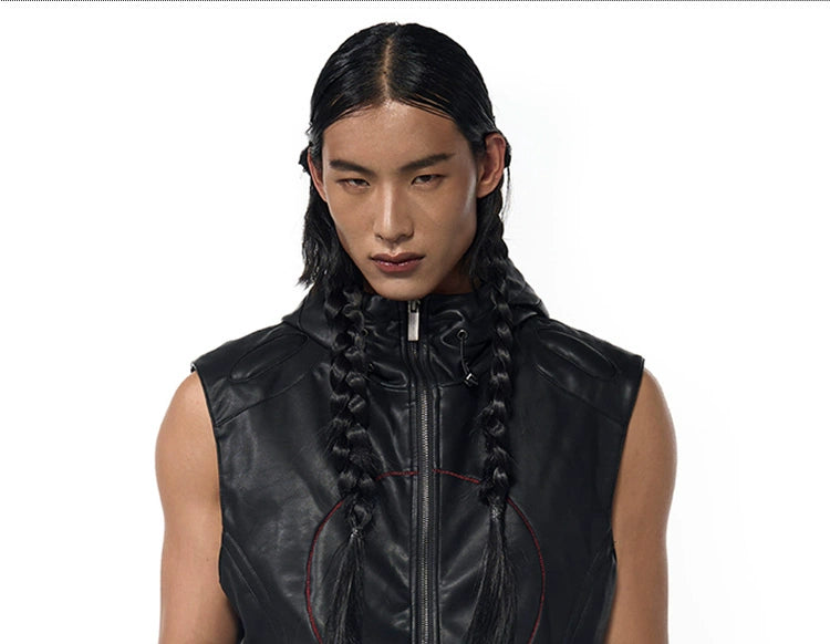 Black Sleeveless Hooded Leather Vest
