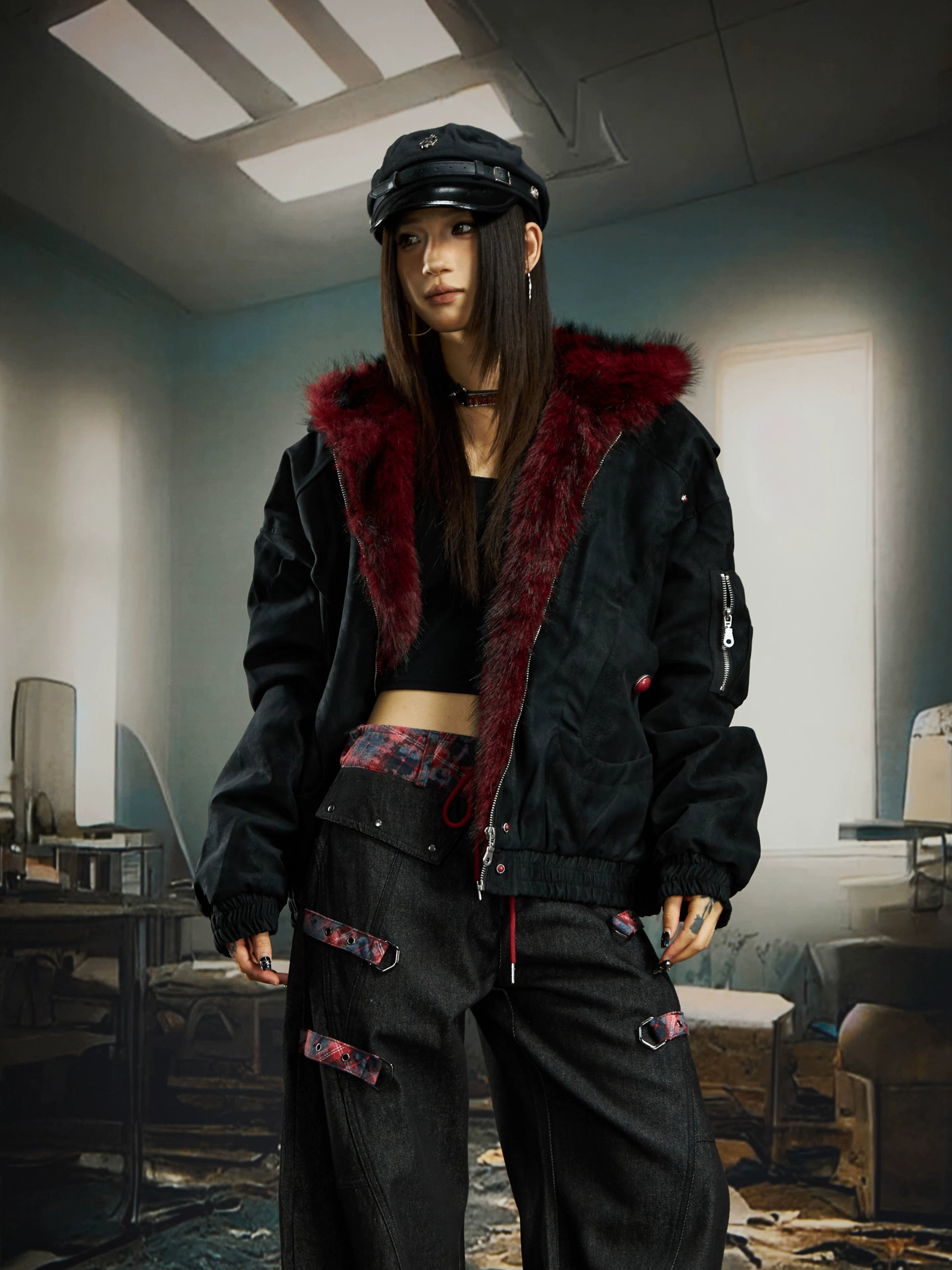 ジャケット・アウター REBEL WAVE Fur Hood Bomber Jacket Crimson Howl Fur‑Hood Rebel Jacket
