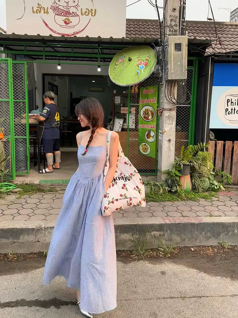 Blue and White Striped Spaghetti Strap Dress
